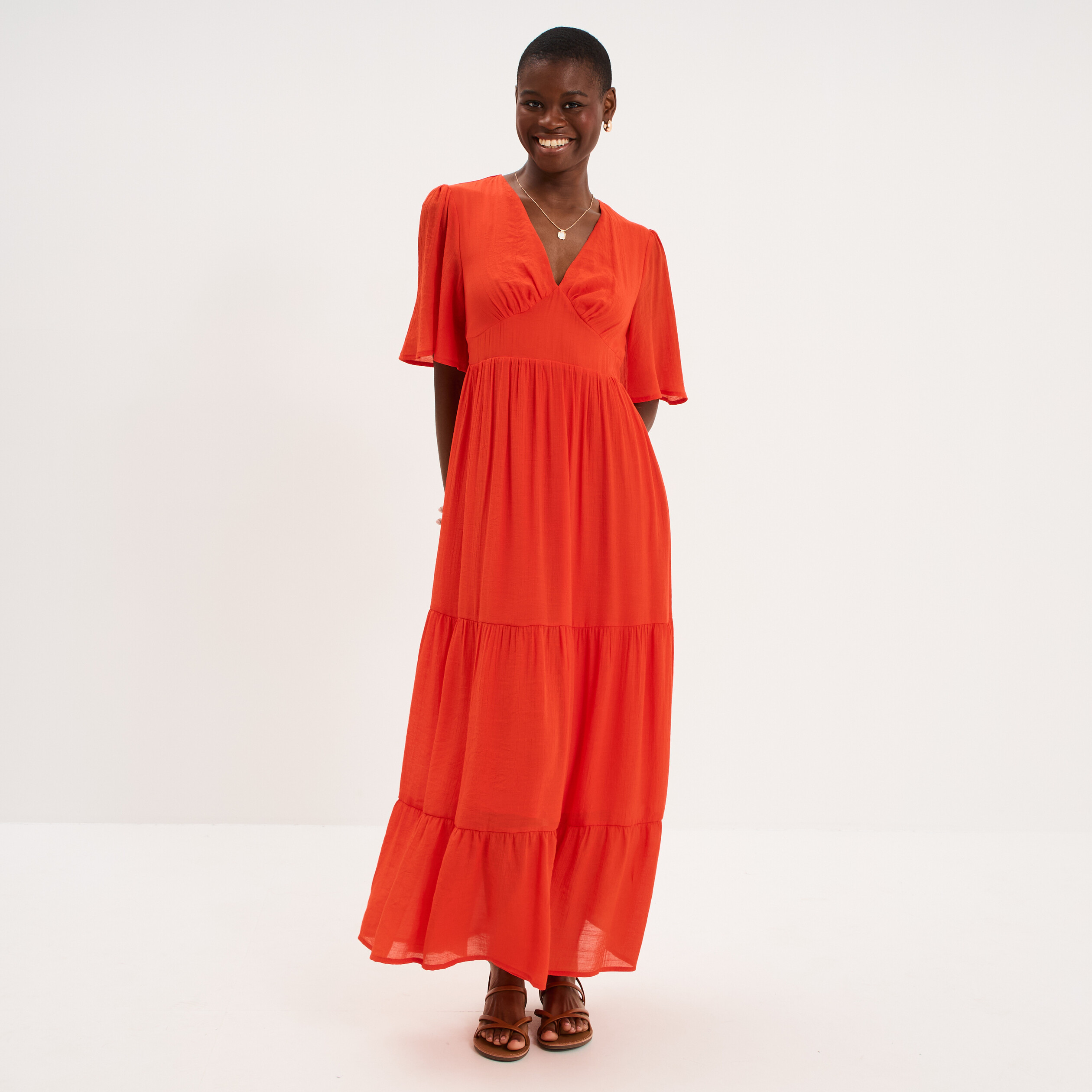 Robe longue fluide &agrave; volants orange fonc&eacute; femme