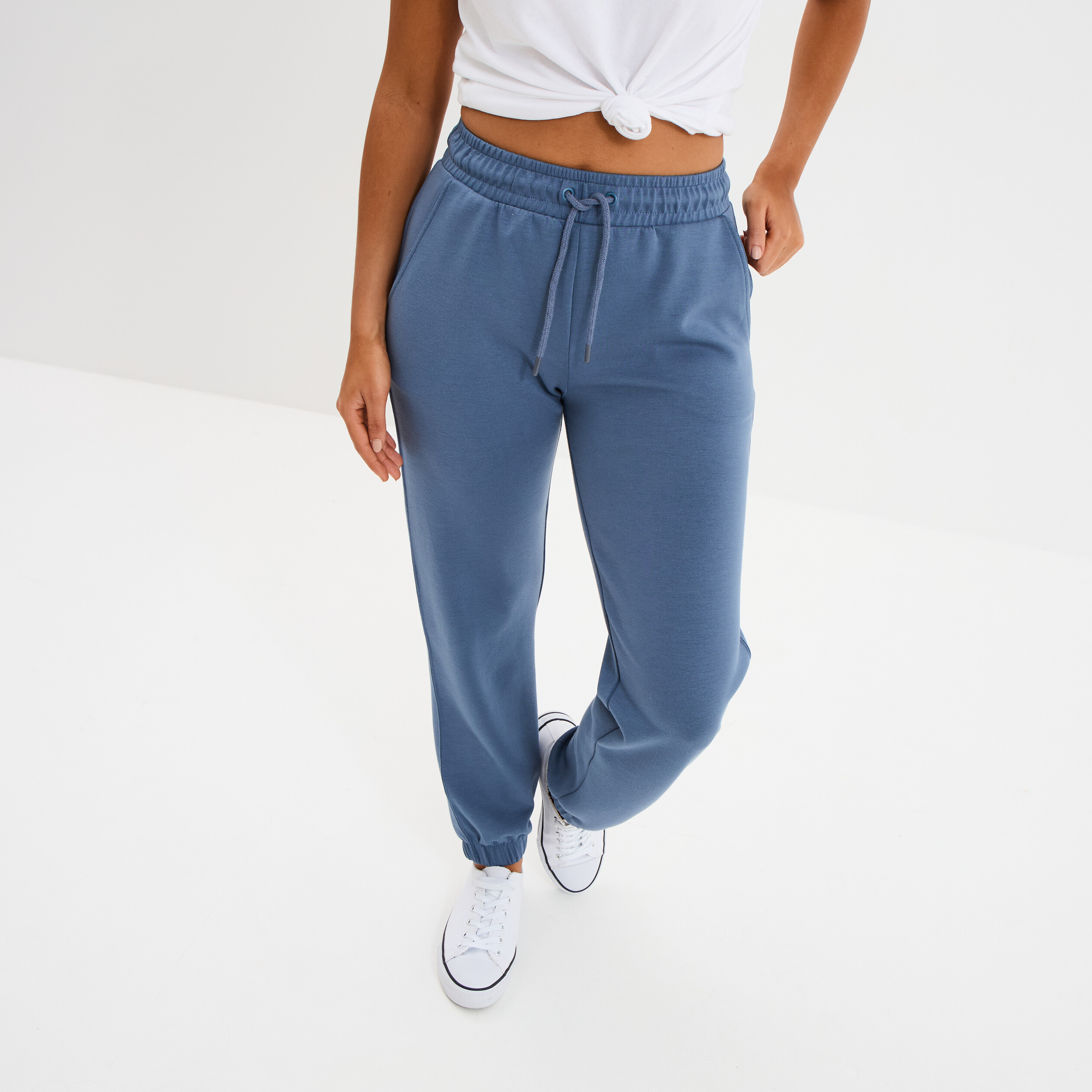pantalon de jogging large elastique bleu gris femme Pantalon de jogging large élastiqué bleu gris femme