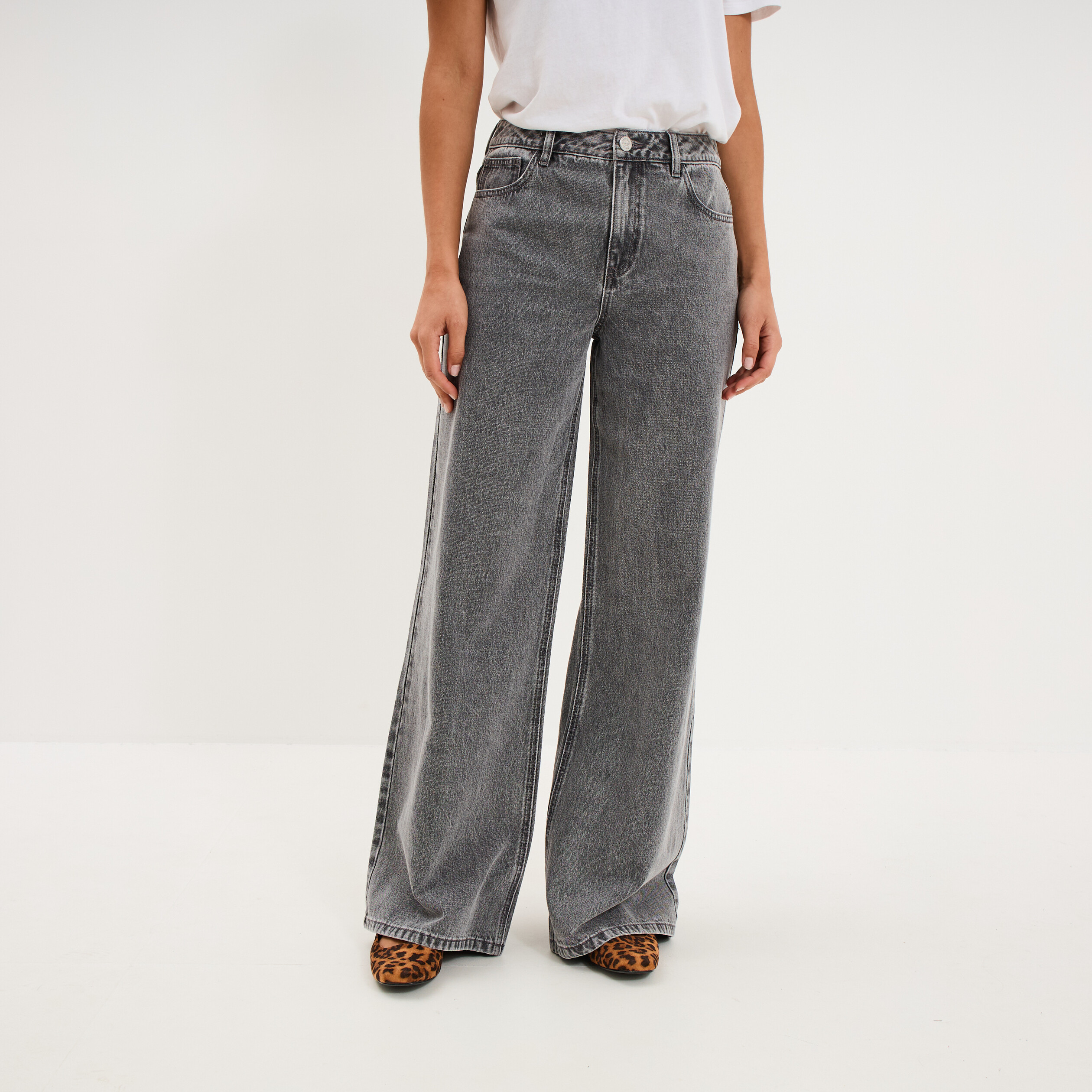 Jeans extra wide leg taille haute denim gris femme