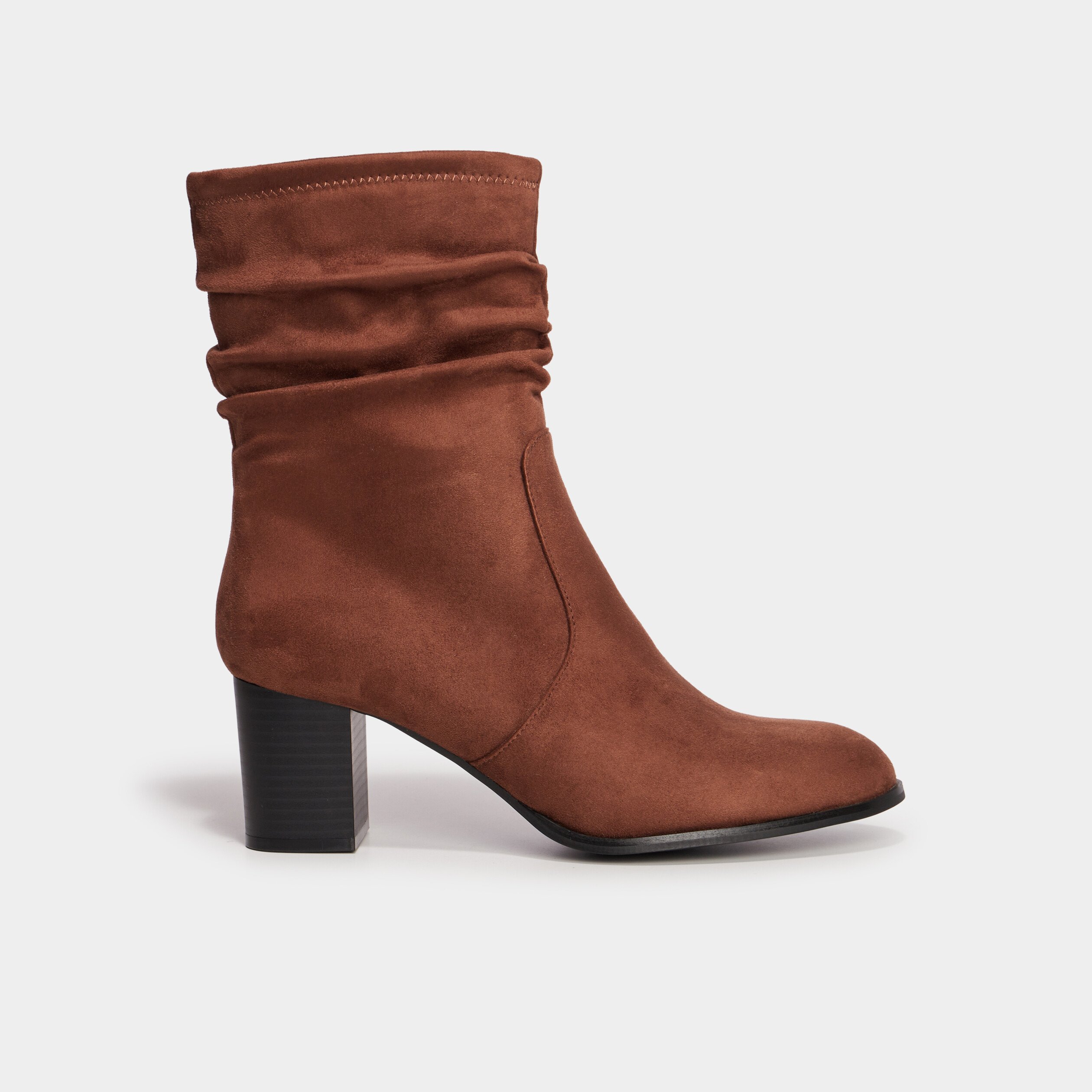 bottines plissees aspect daim a talons marron femme Bottines plissées aspect daim à talons marron femme