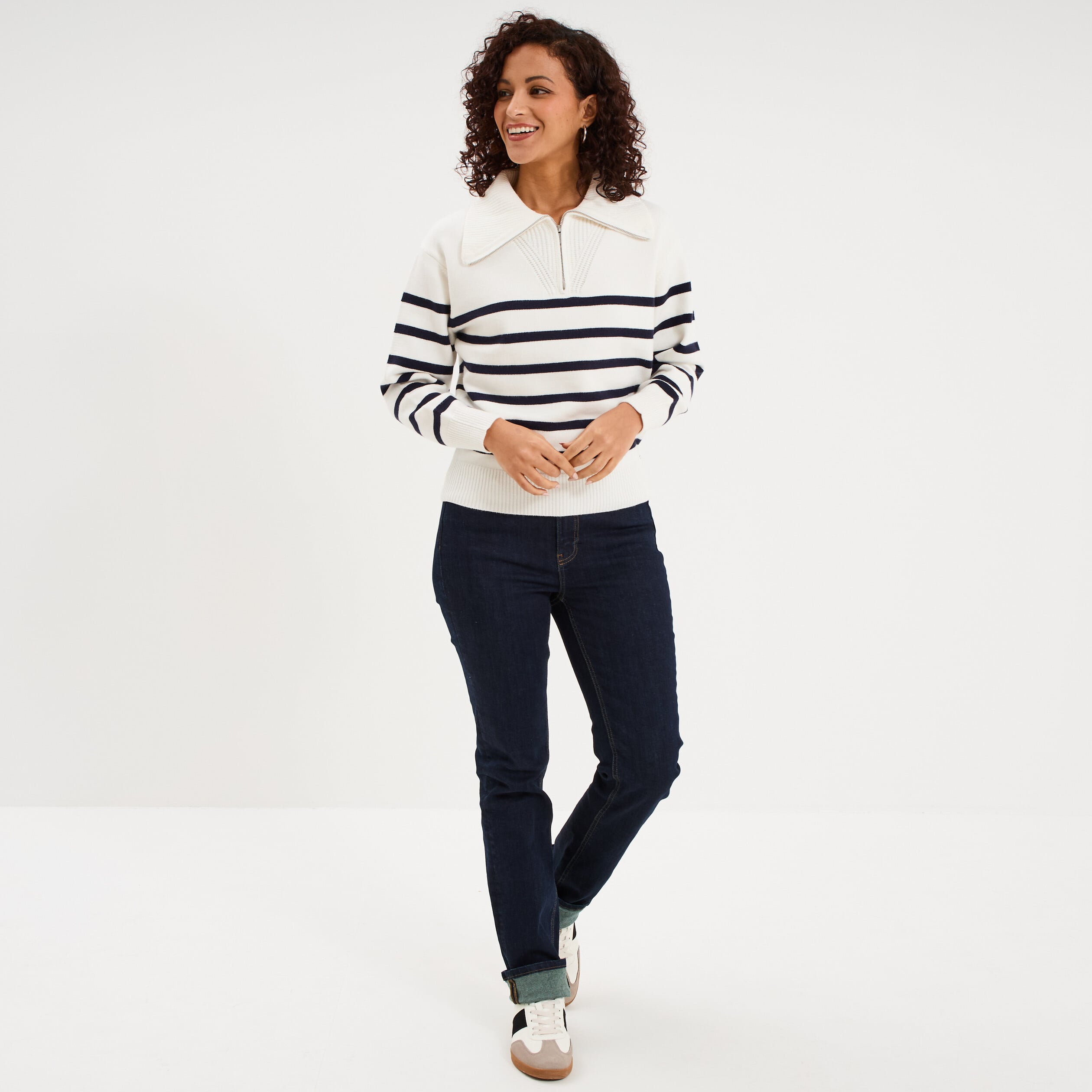 Pull col camionneur zipp&eacute; ecru femme