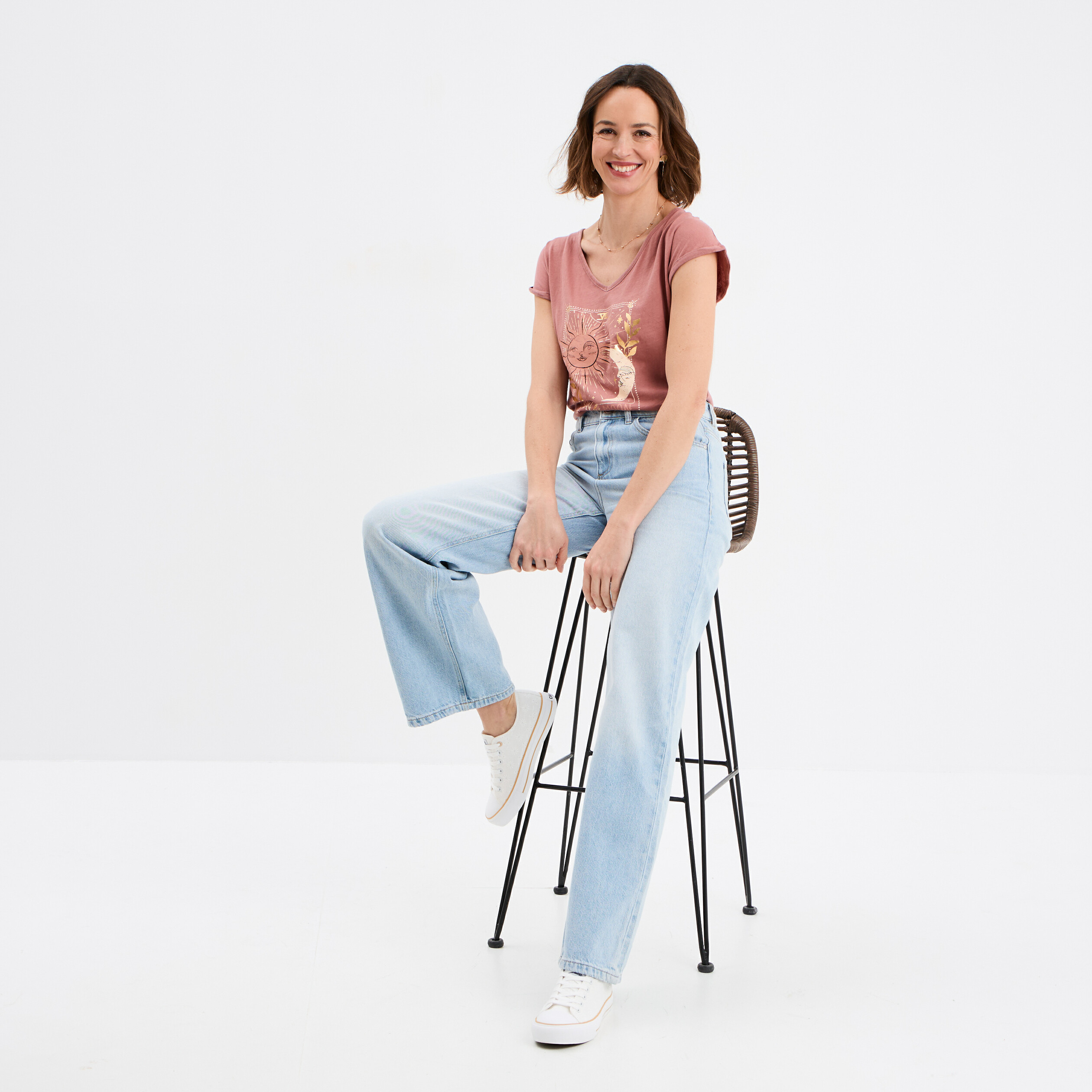T-shirt coton col en V manches courtes vert clair femme