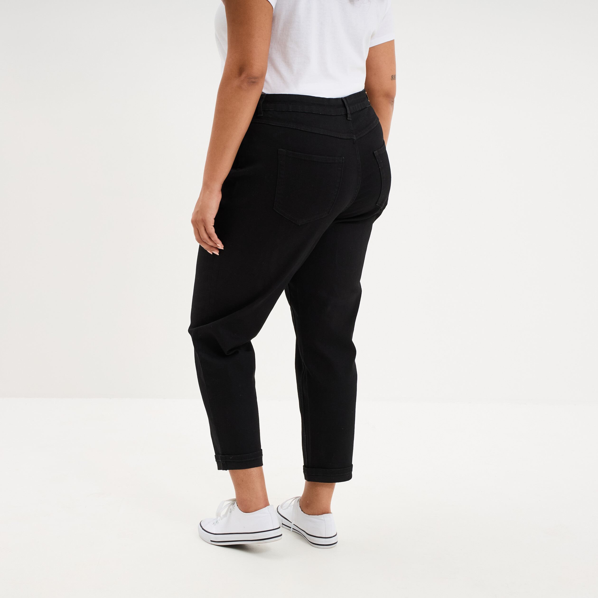 Jeans mom cropped taille haute denim noir femme grande taille