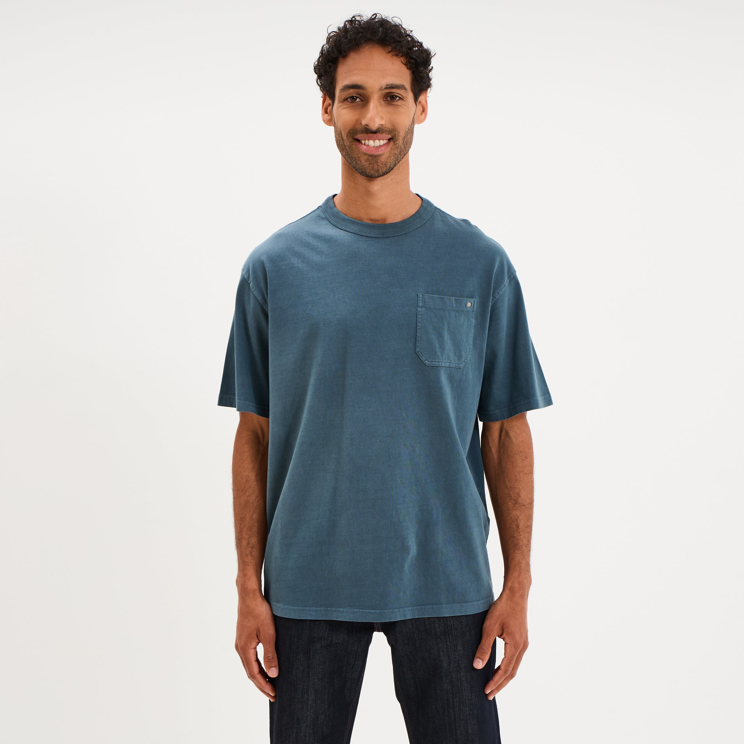 T-shirt droit col rond 1 poche coton vert fonc&eacute; homme