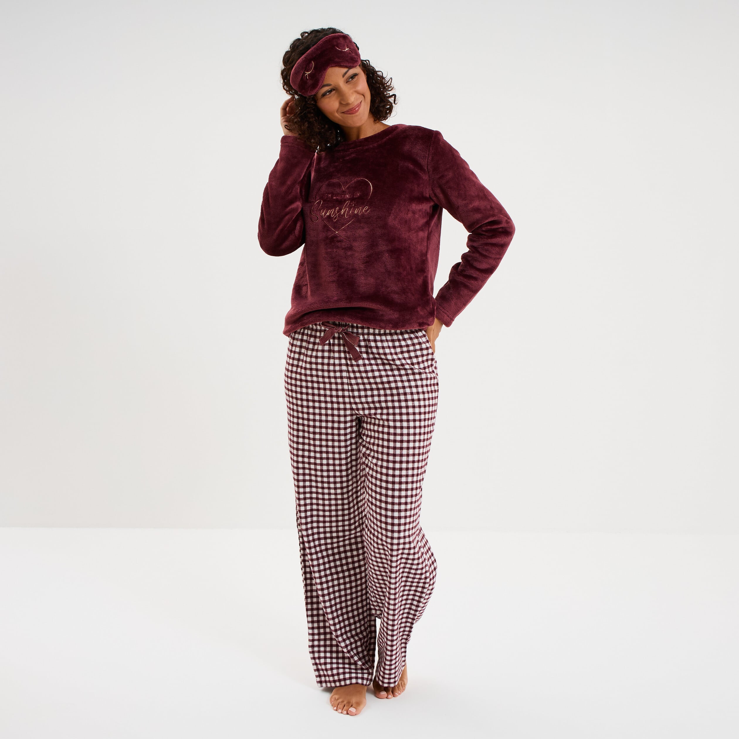 Ensemble pyjama effet polaire 3 pi&egrave;ces bordeaux femme