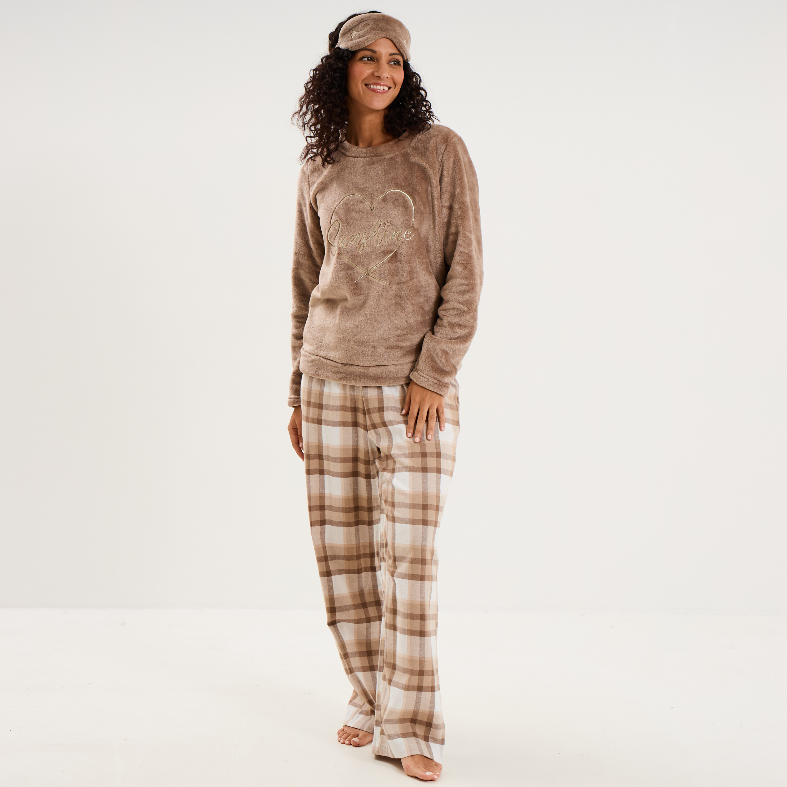 Ensemble pyjama effet polaire 3 pi&egrave;ces beige femme