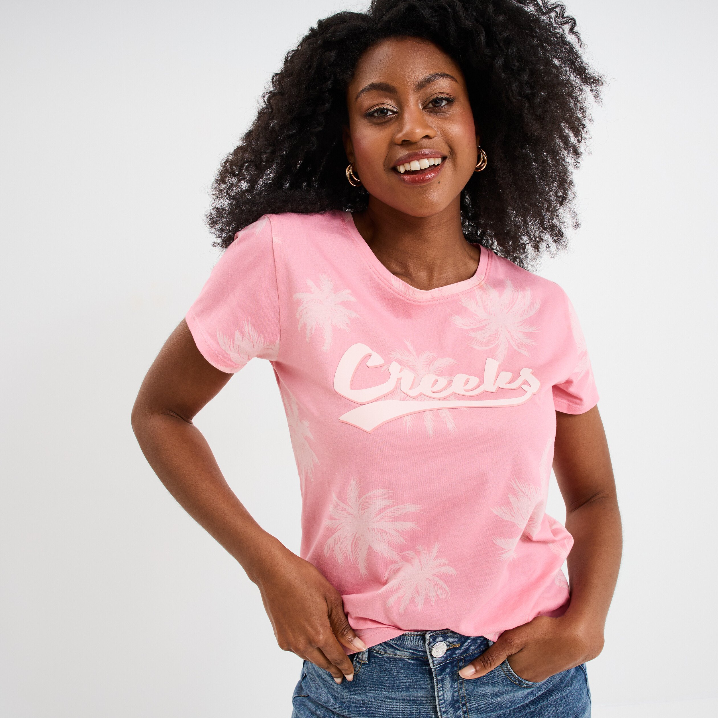 t shirt droit manches courtes coton rose femme T-shirt droit manches courtes coton rose femme