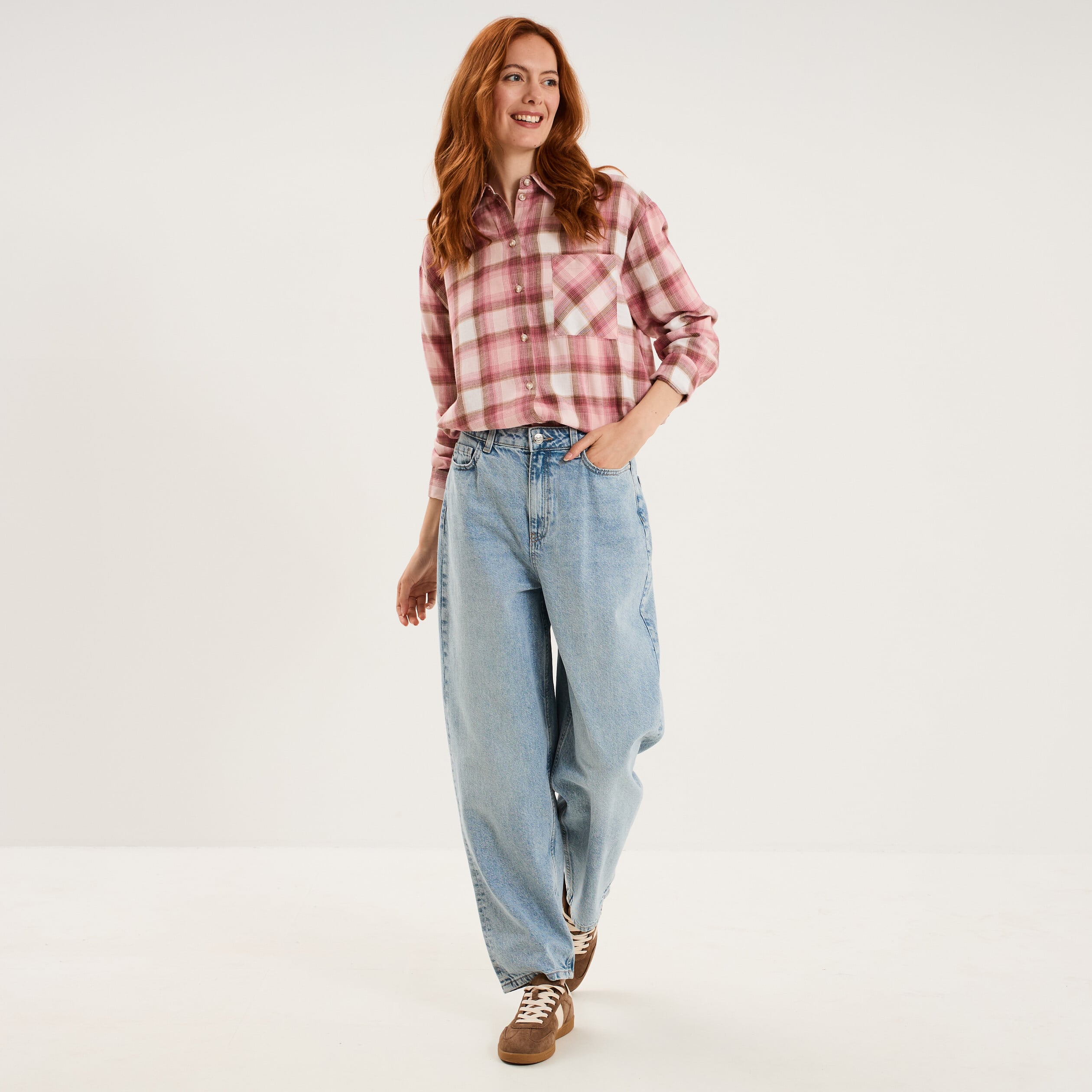 Chemise manches longues coton rose poudr&eacute;e femme