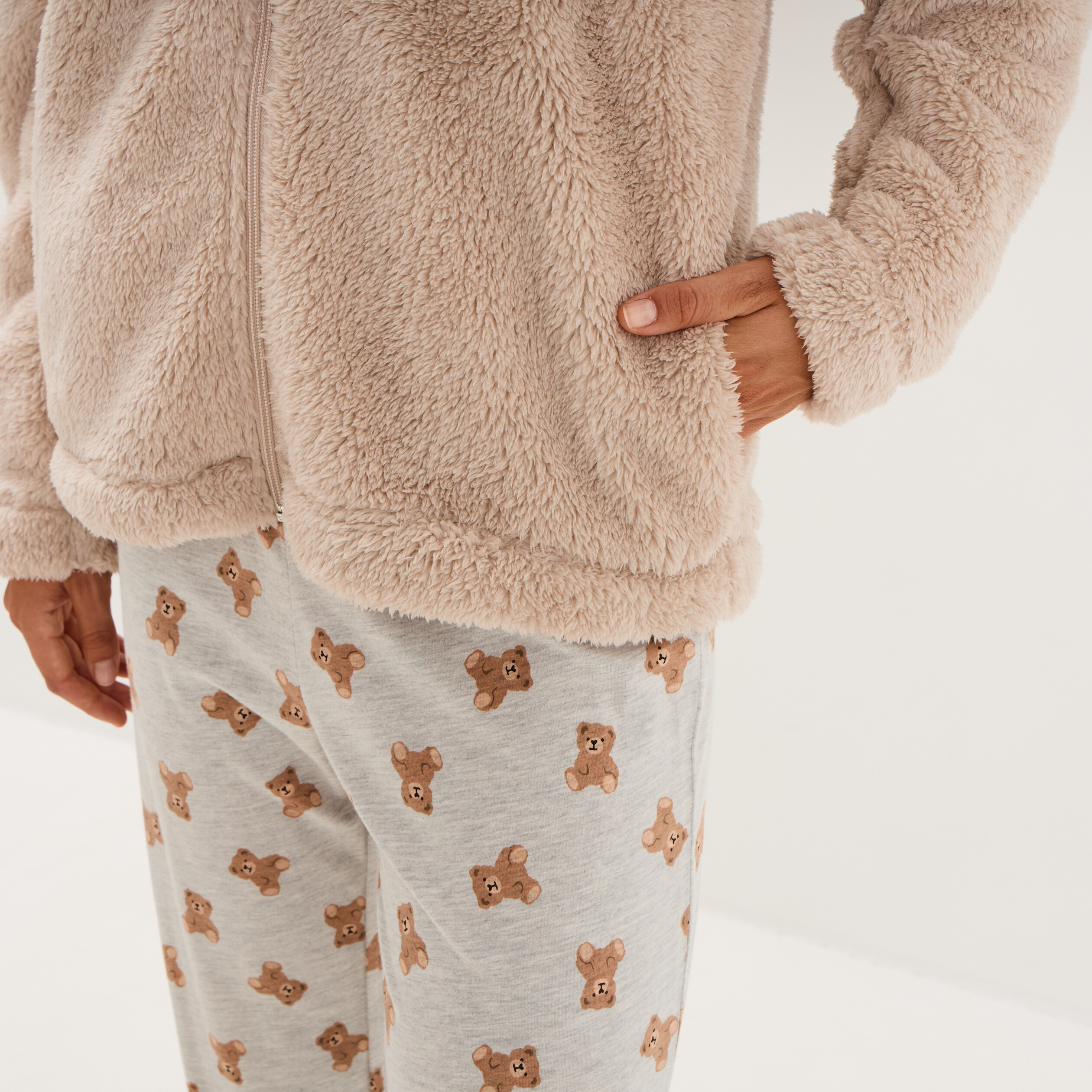 Ensemble pyjama 3 pi&egrave;ces veste polaire ecru femme