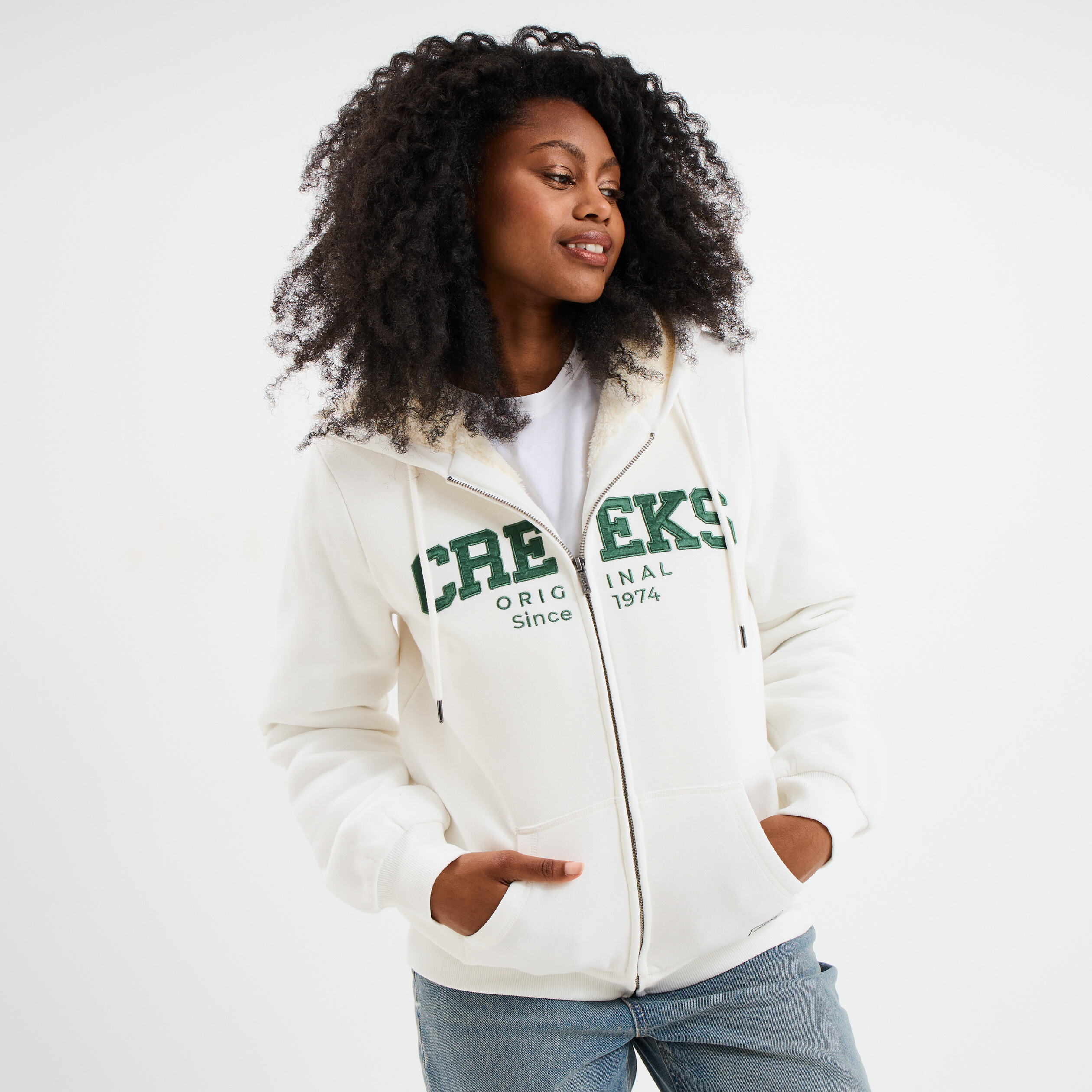 Sweat &agrave; capuche doublure effet sherpa blanc femme