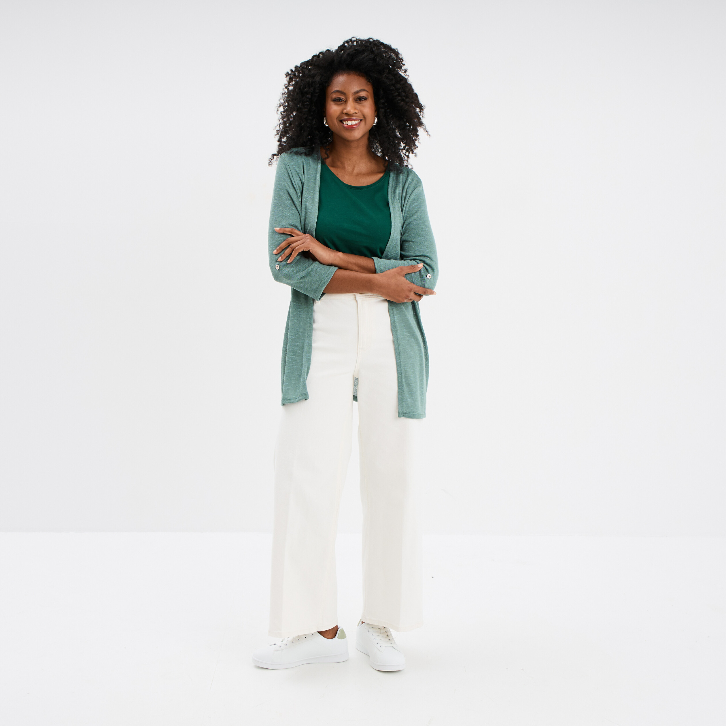 Gilet fin mi long manches 3/4 bleu gris femme