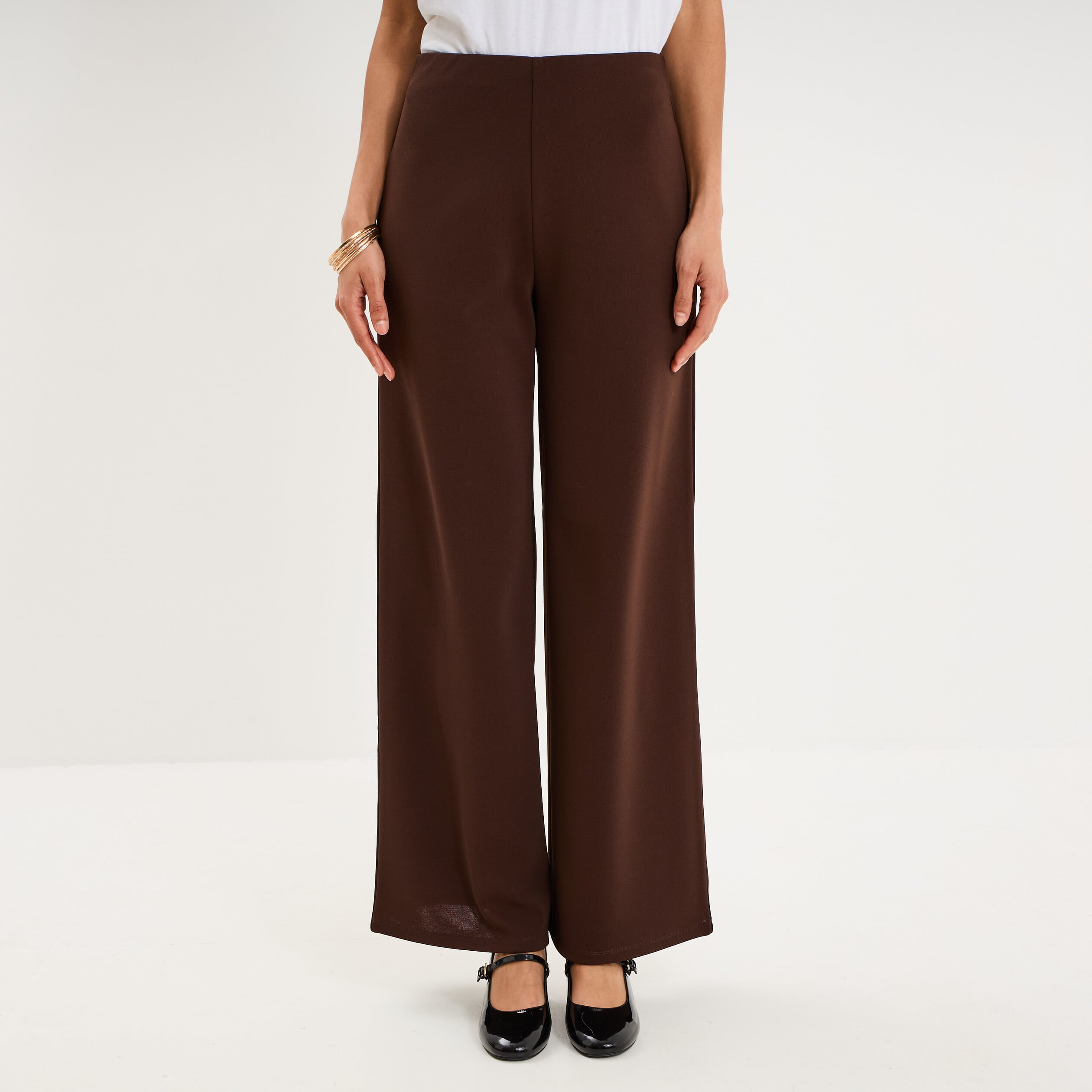 Pantalon large fluide taille haute marron fonc&eacute; femme