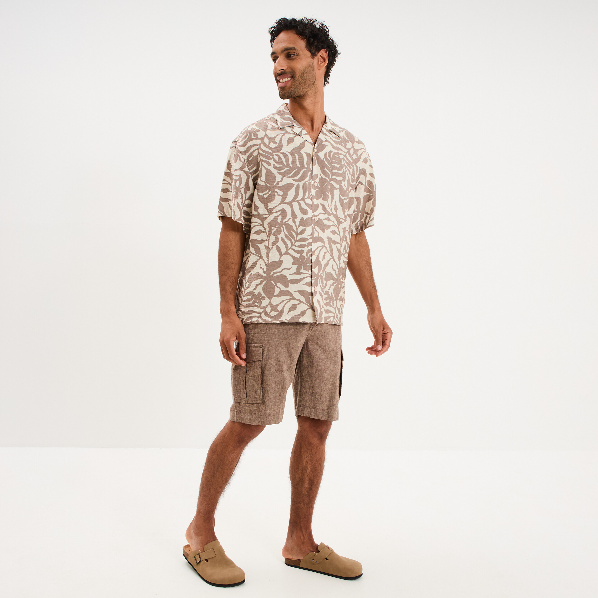 Chemise l&eacute;g&egrave;re textur&eacute;e manches courtes beige homme