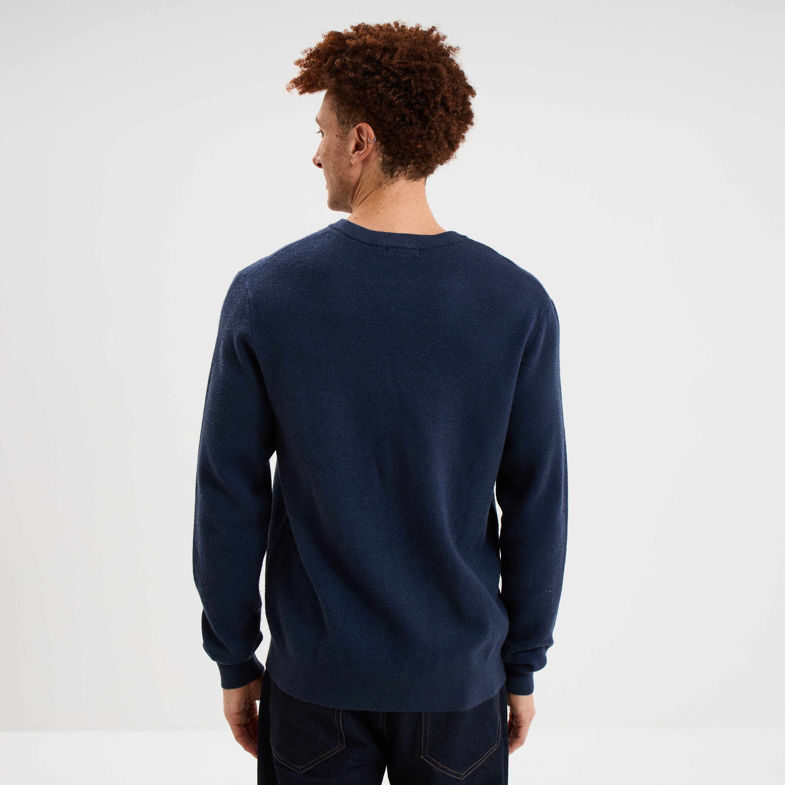 Pull col rond manches longues bleu fonc&eacute; homme