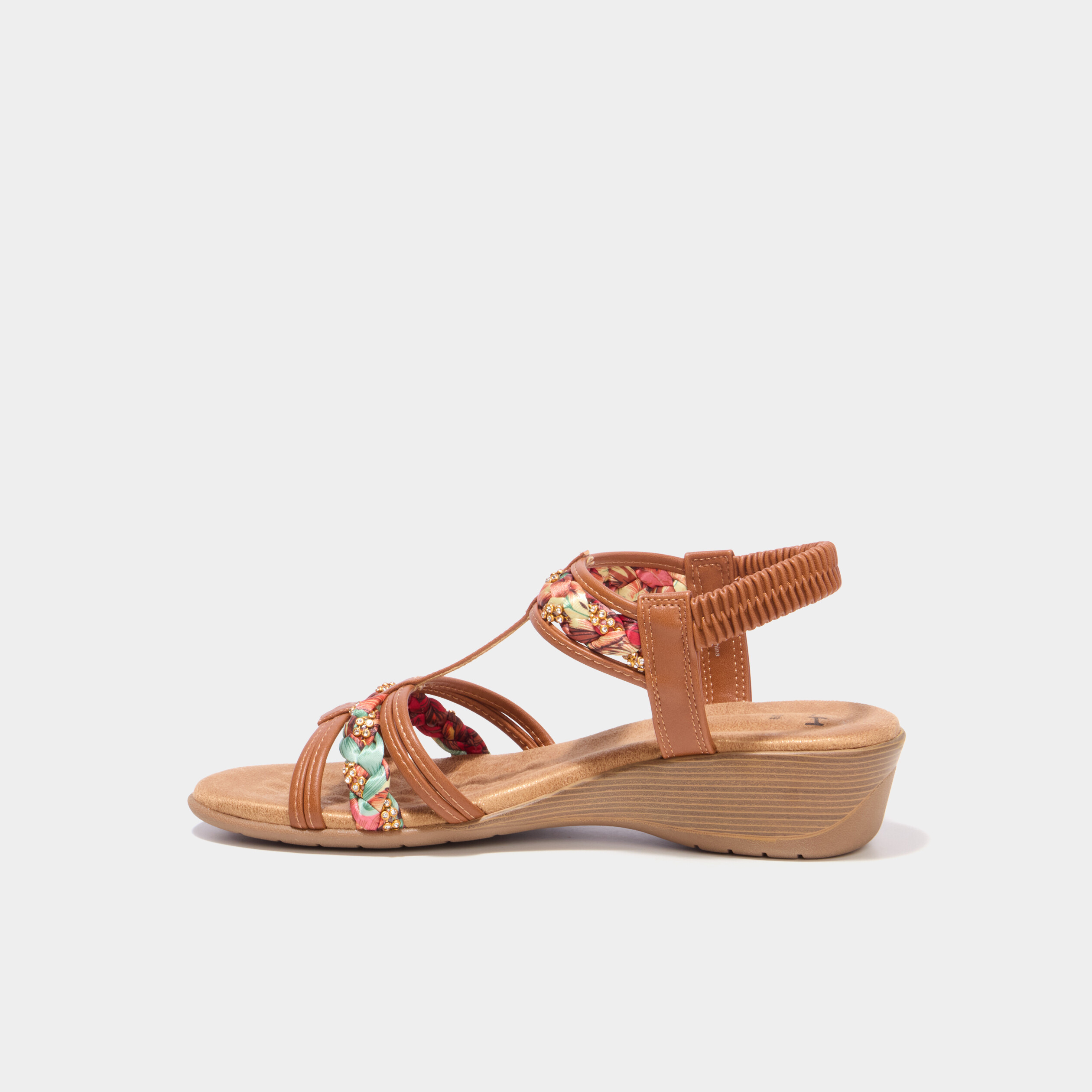 Sandales compens&eacute;es d&eacute;tails bijoux marron femme