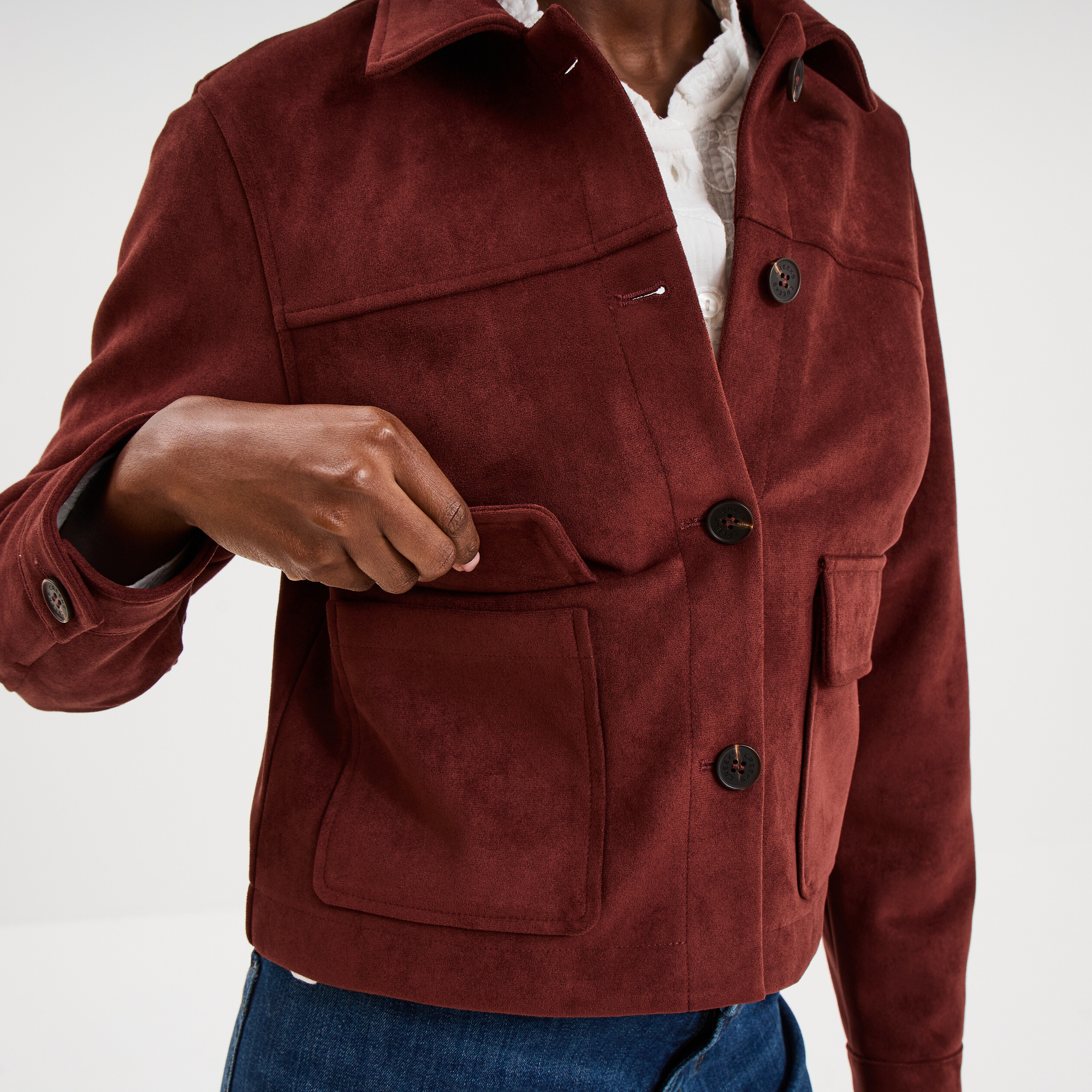 Veste effet su&eacute;dine boutonn&eacute;e bordeaux femme