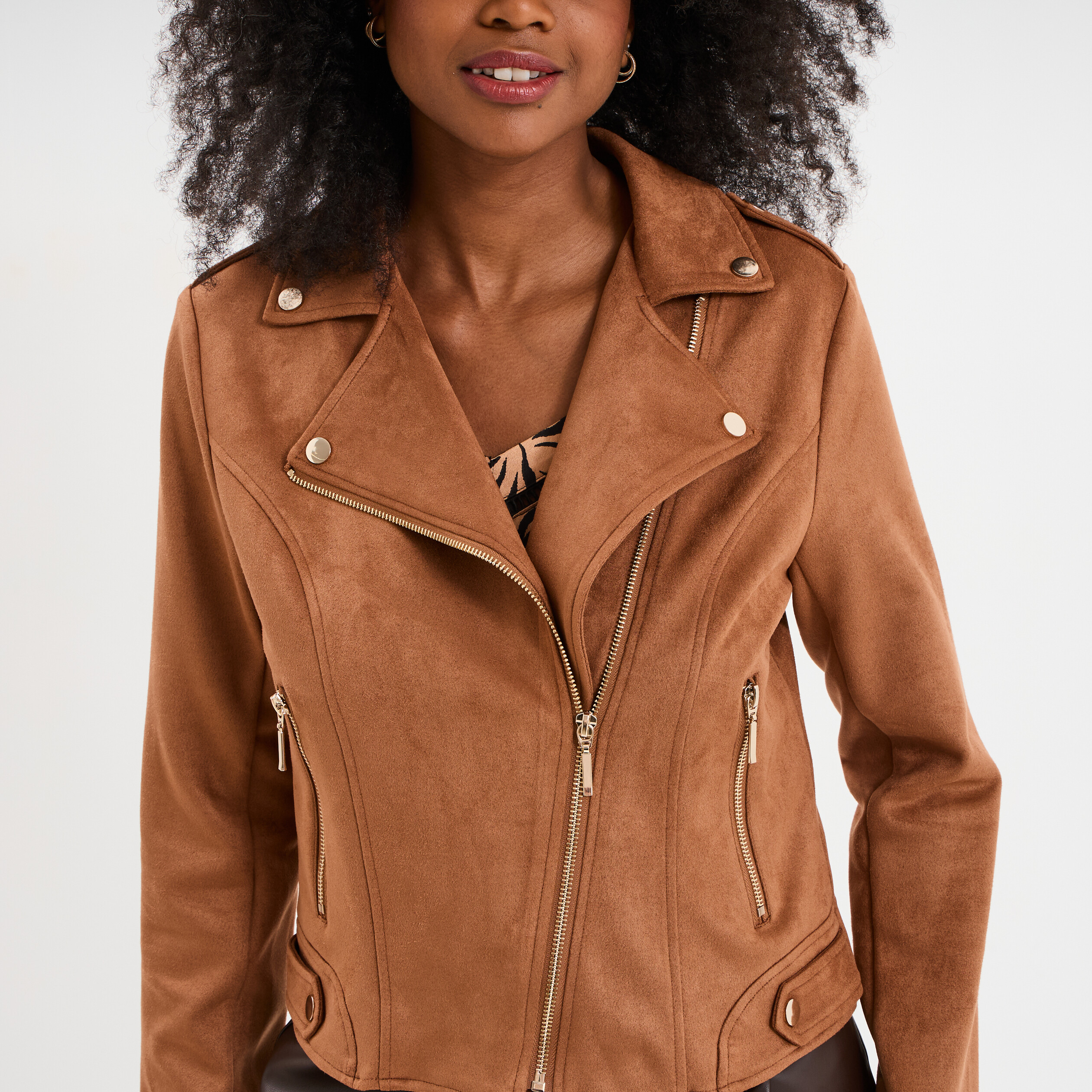 veste courte esprit biker effet suedine marron clair femme Veste courte esprit biker effet suédine marron clair femme