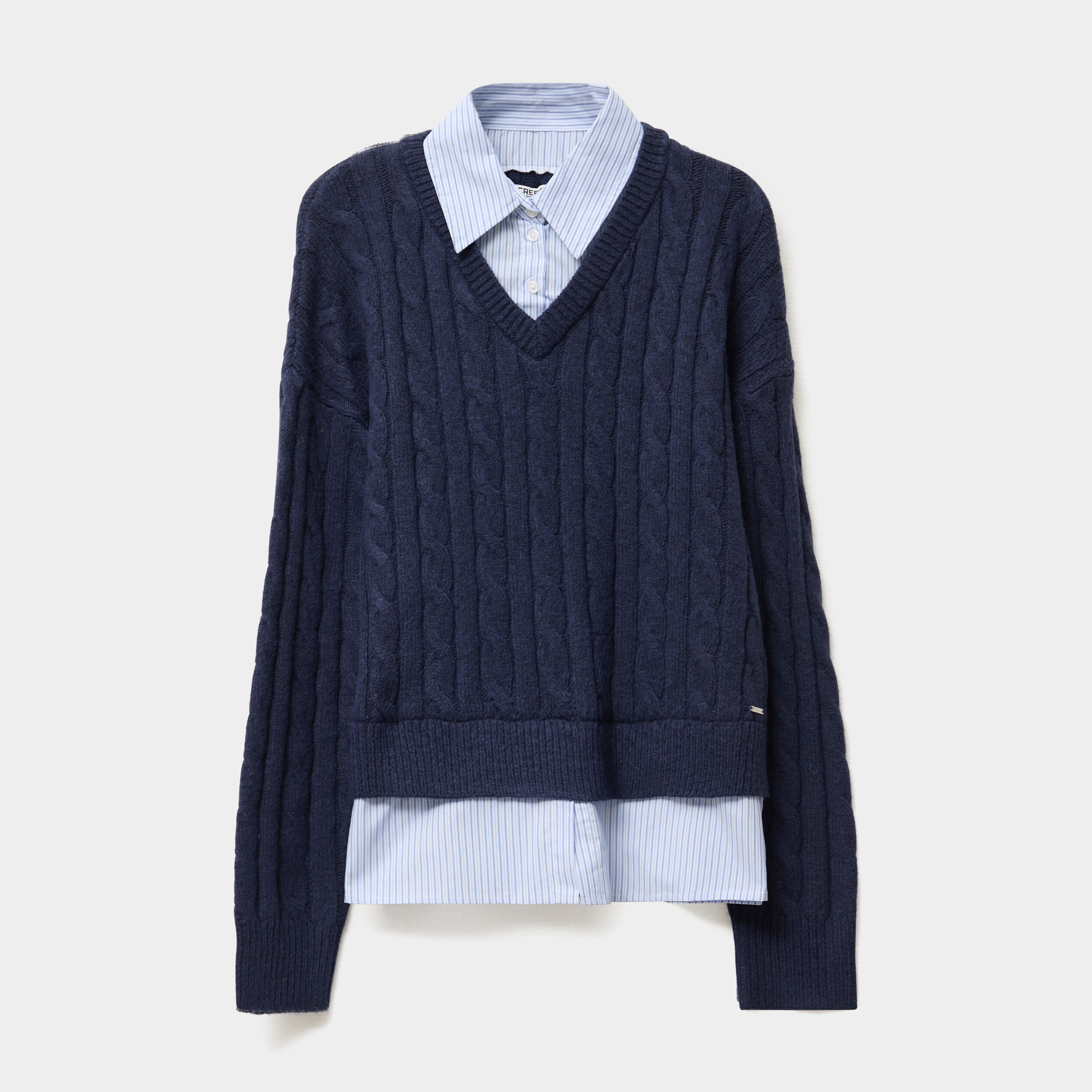 Pull torsades effet 2-en-1 chemise bleu marine femme