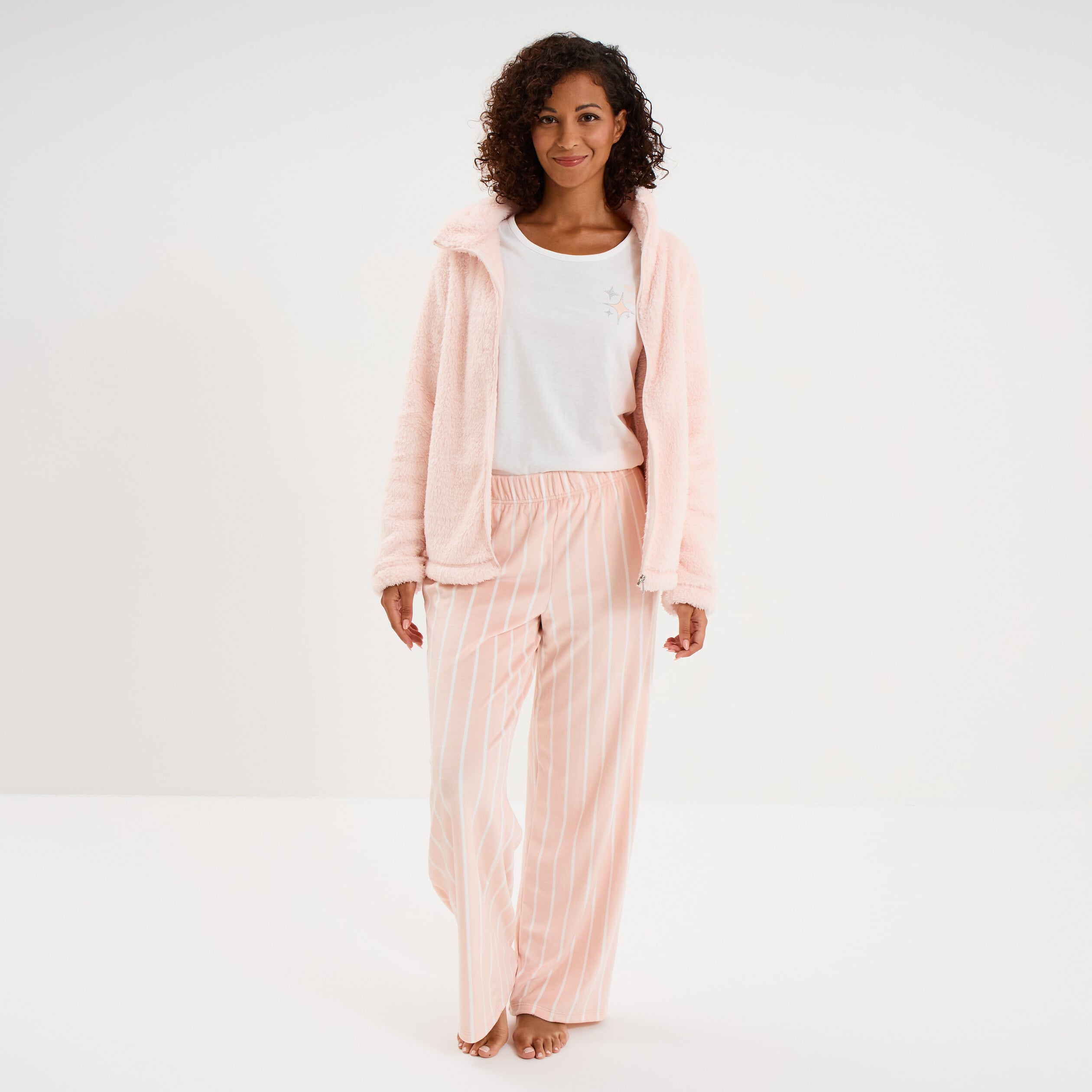 Ensemble pyjama 3 pi&egrave;ces effet polaire rose nude femme