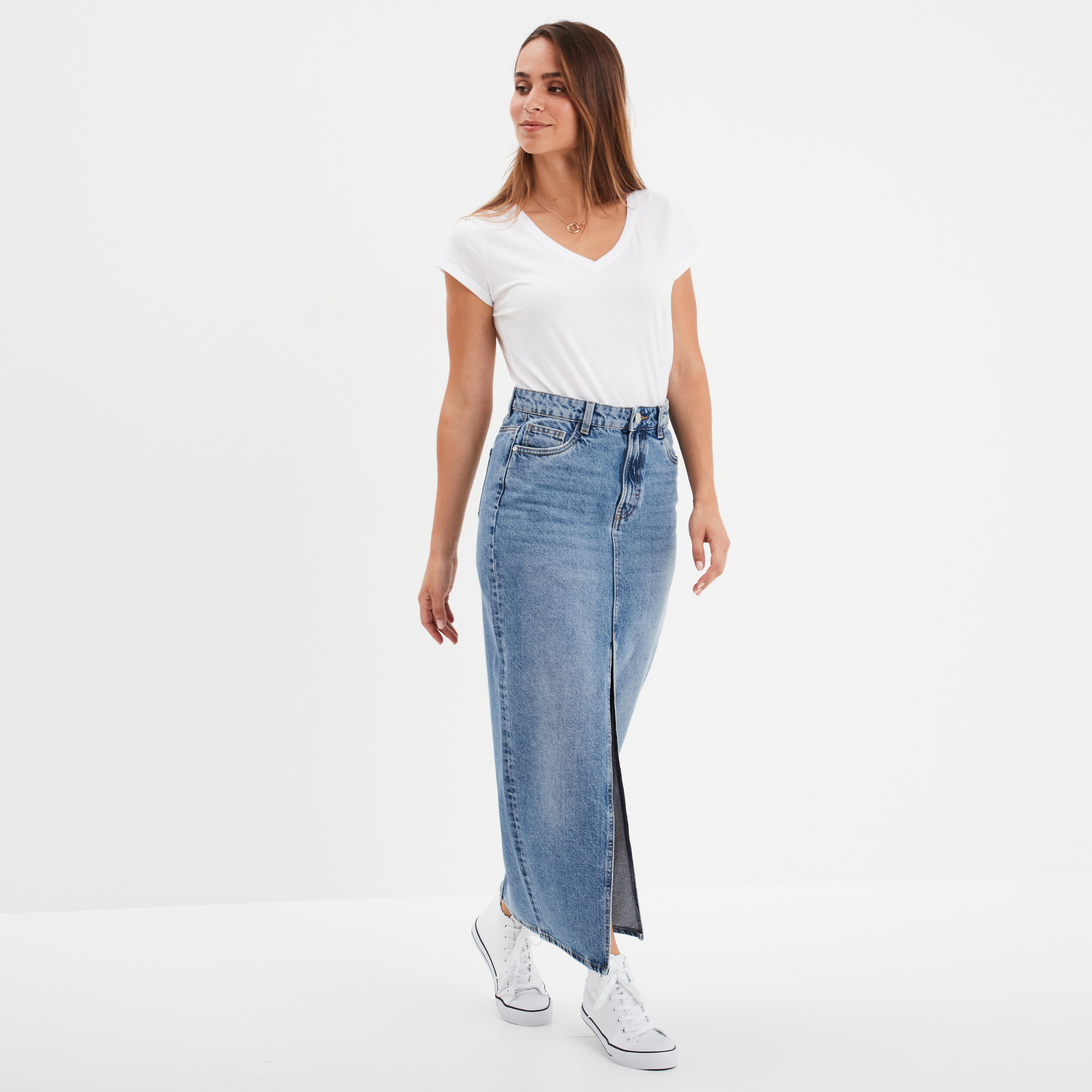 jupe en jean midi fendue denim double stone femme Jupe en jean midi fendue denim double stone femme