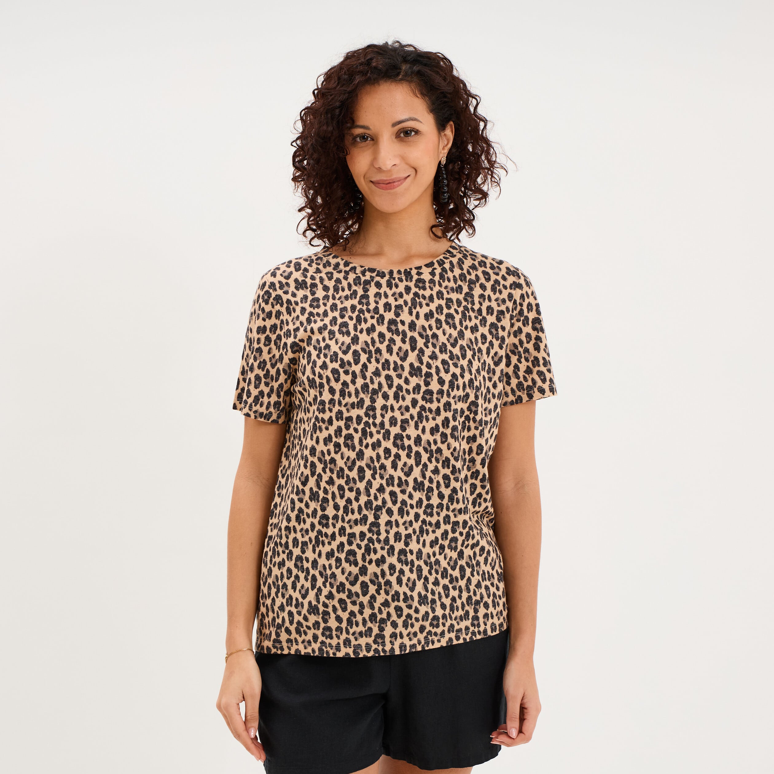 T-shirt manches courtes m&eacute;lange lin beige clair femme