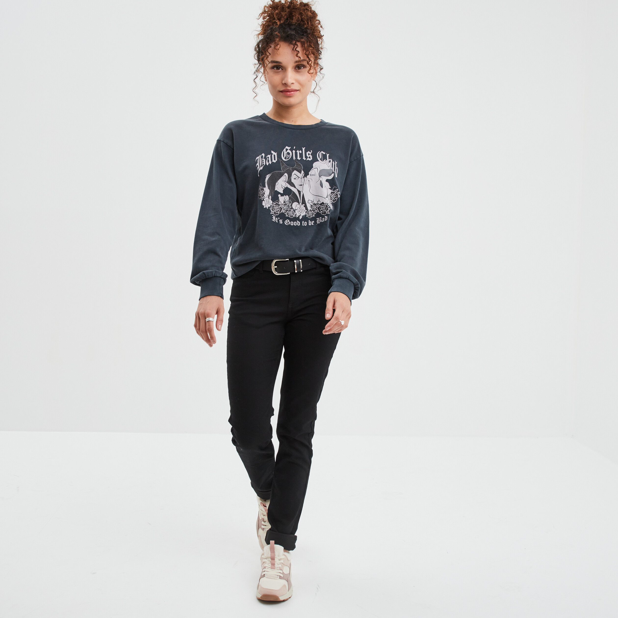 Sweat col rond coton Vilaines Disney noir femme