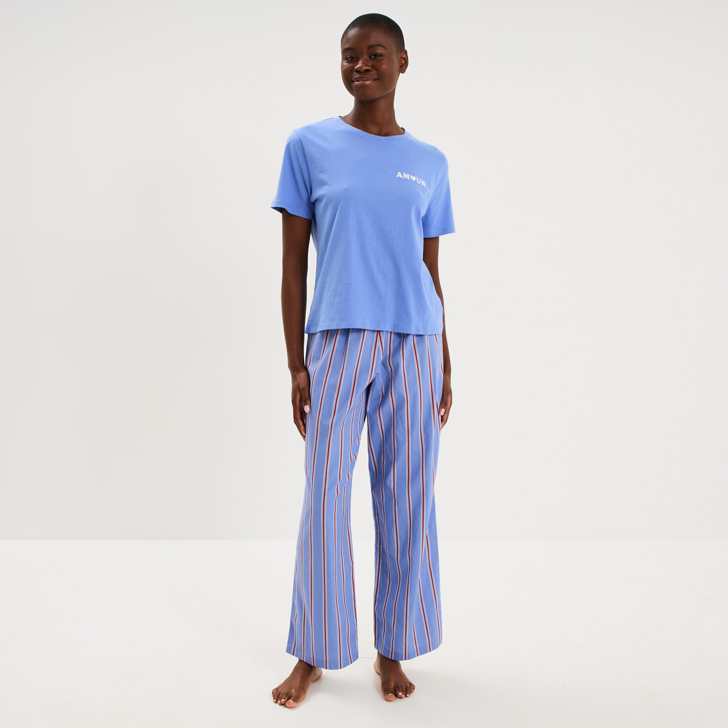 Pantalon de pyjama droit coton bleu femme