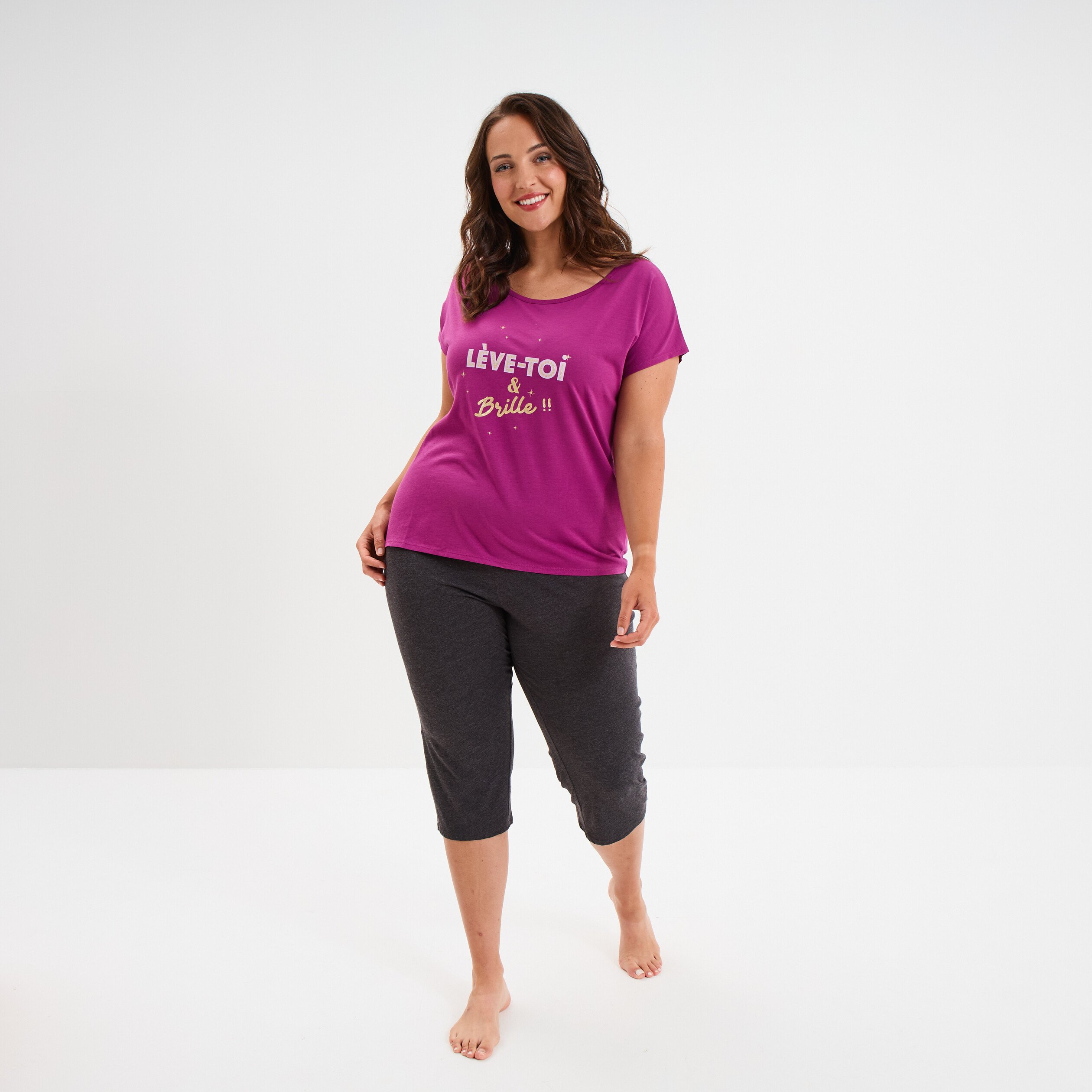 ensemble pyjama corsaire et t shirt violet femmegt Ensemble pyjama corsaire et t-shirt violet femme grande taille