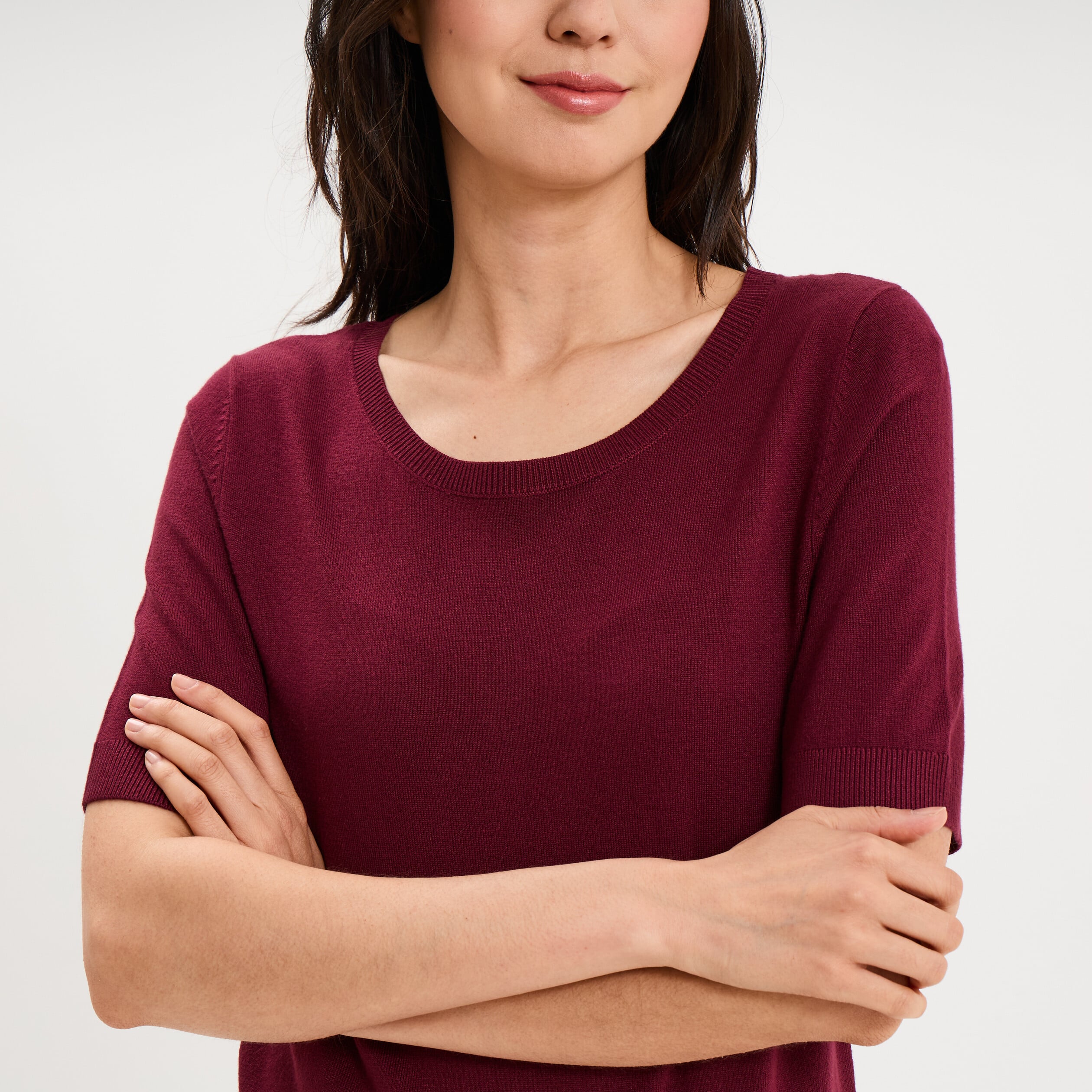 Pull manches courtes col rond bordeaux femme
