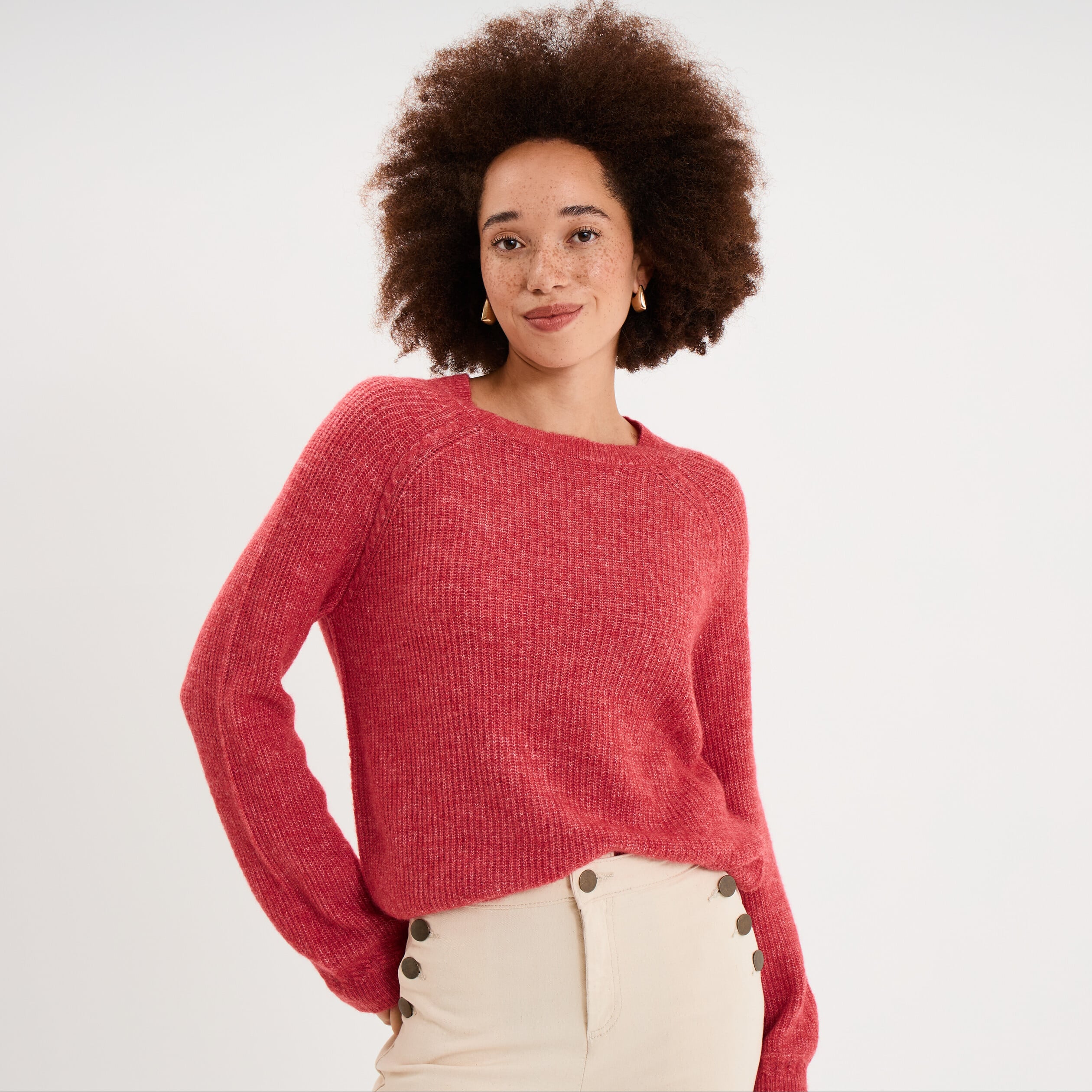 Pull col rond manches longues rose cerise femme
