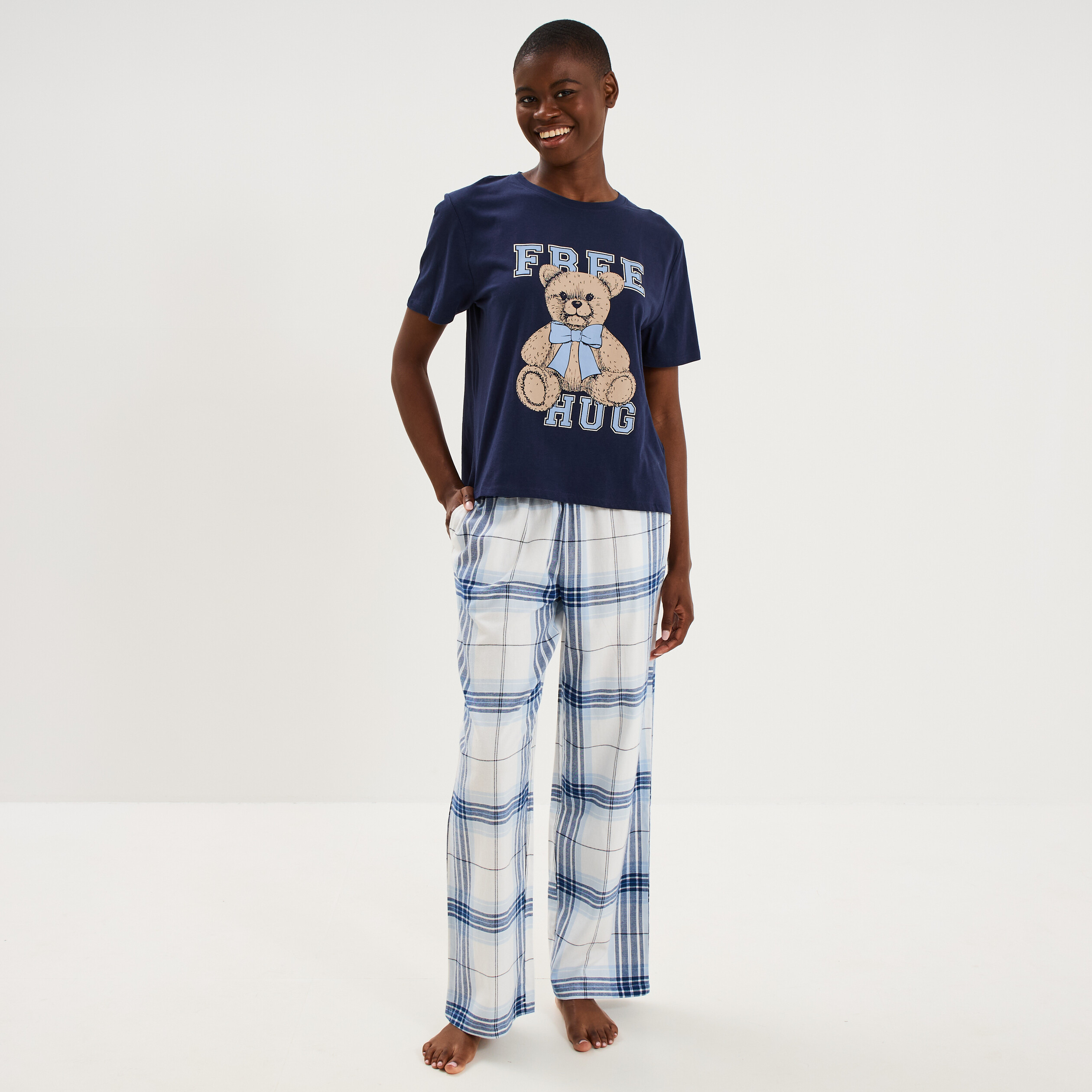 Ensemble pyjama pantalon t-shirt coton bleu femme