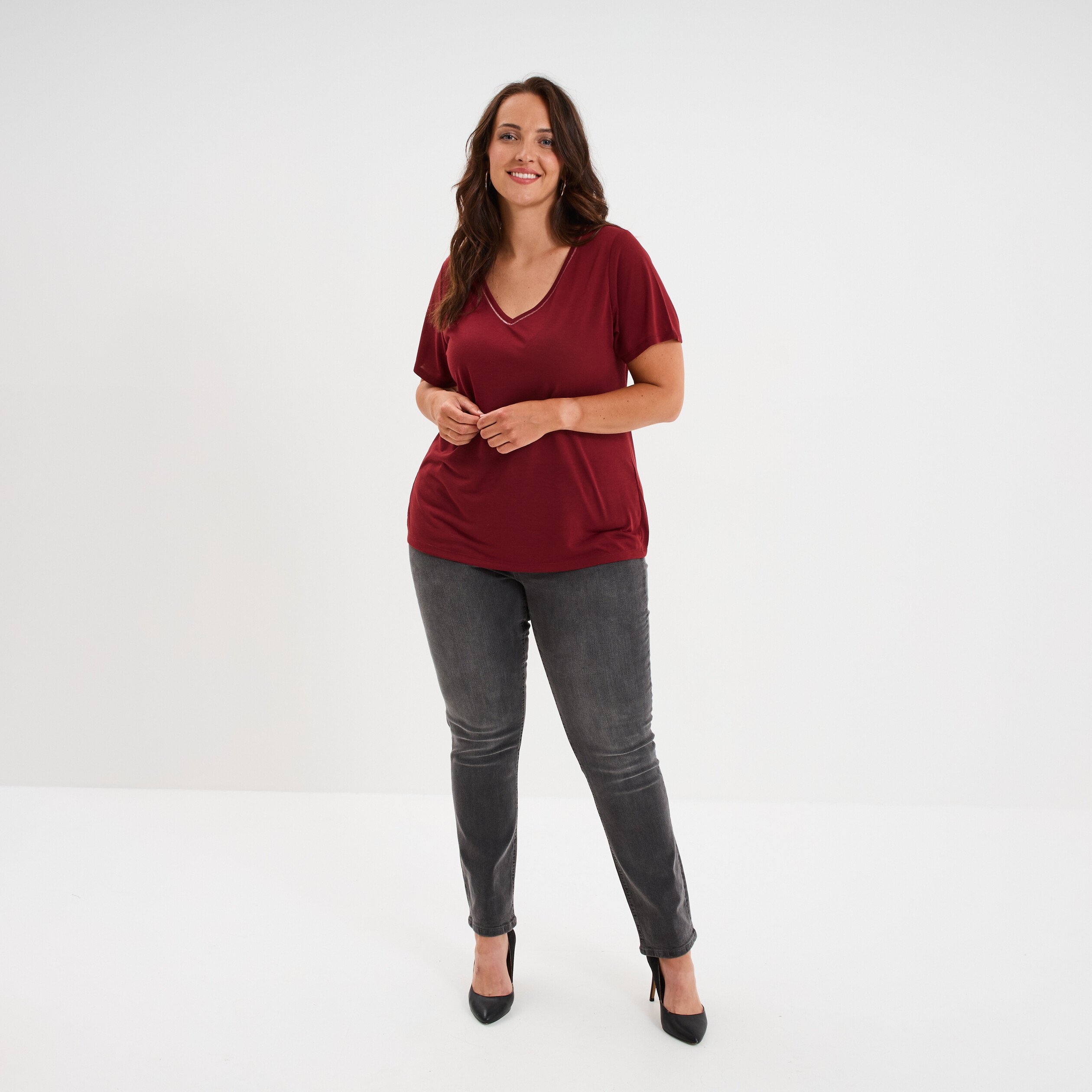 t shirt manches courtes col v bordeaux femmegt T-shirt manches courtes col V bordeaux femme grande taille