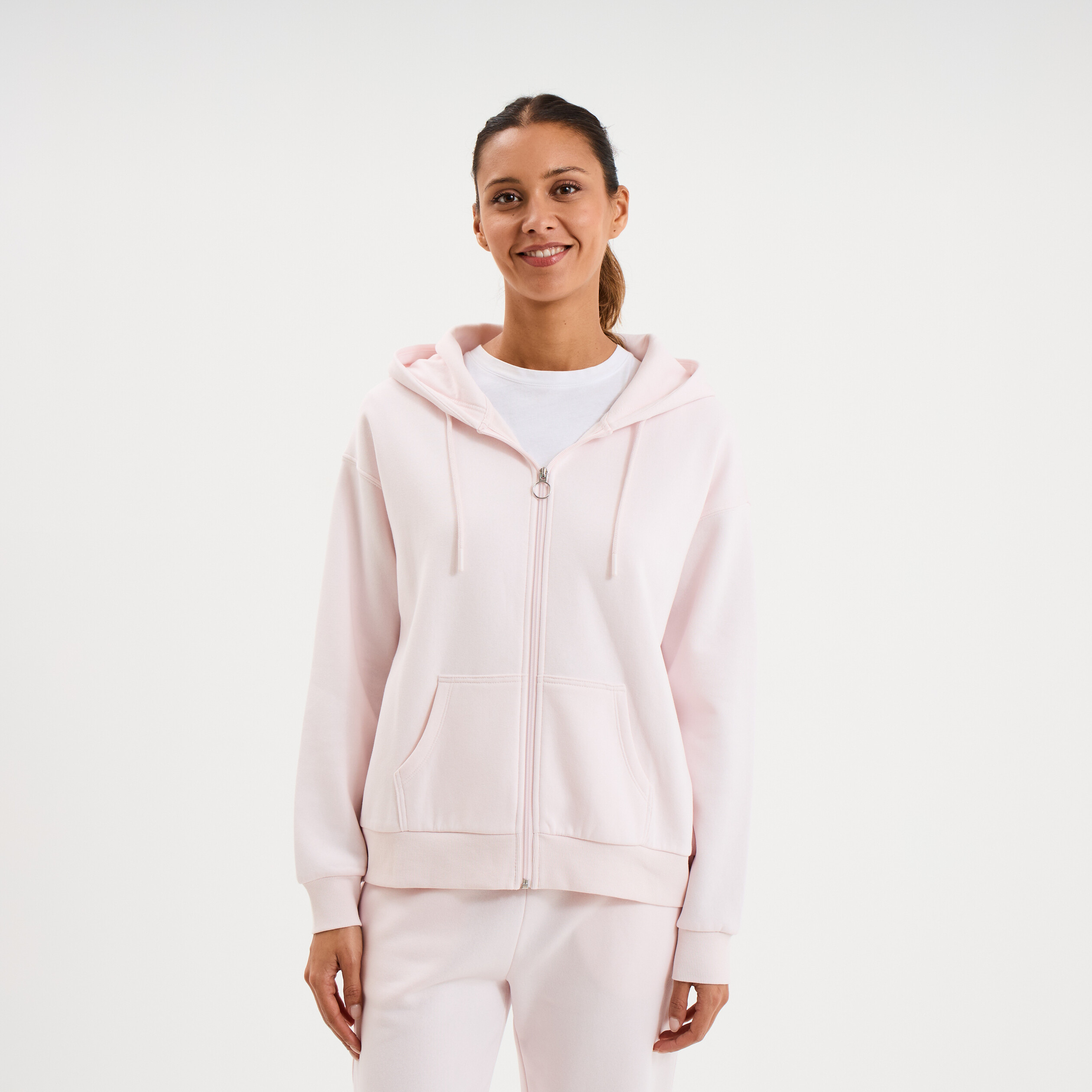 Sweat zipp&eacute; &agrave; capuche molleton rose clair femme