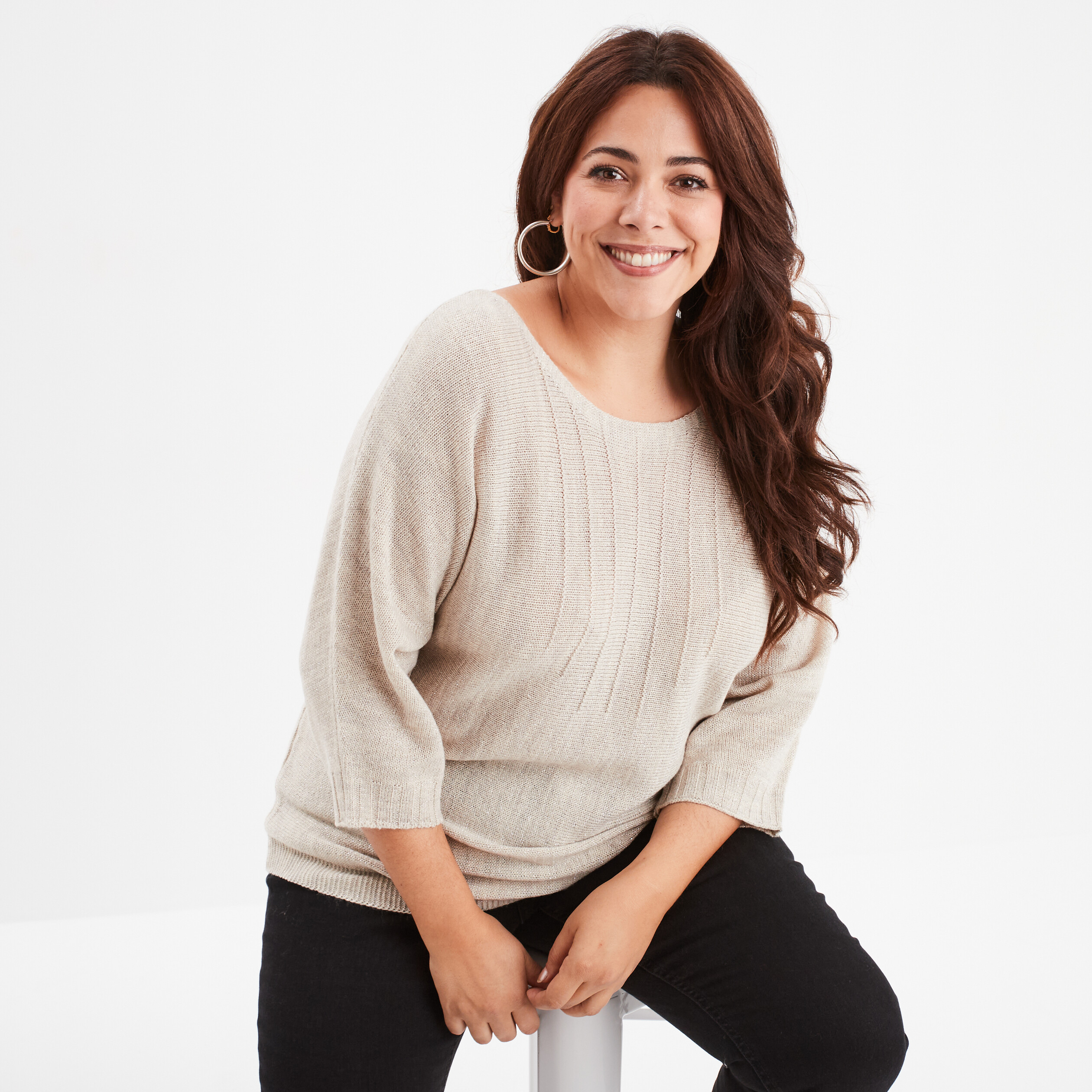 pull manches 34 fils metallises ecru femmegt Pull manches 3/4 fils métallisés ecru femme grande taille