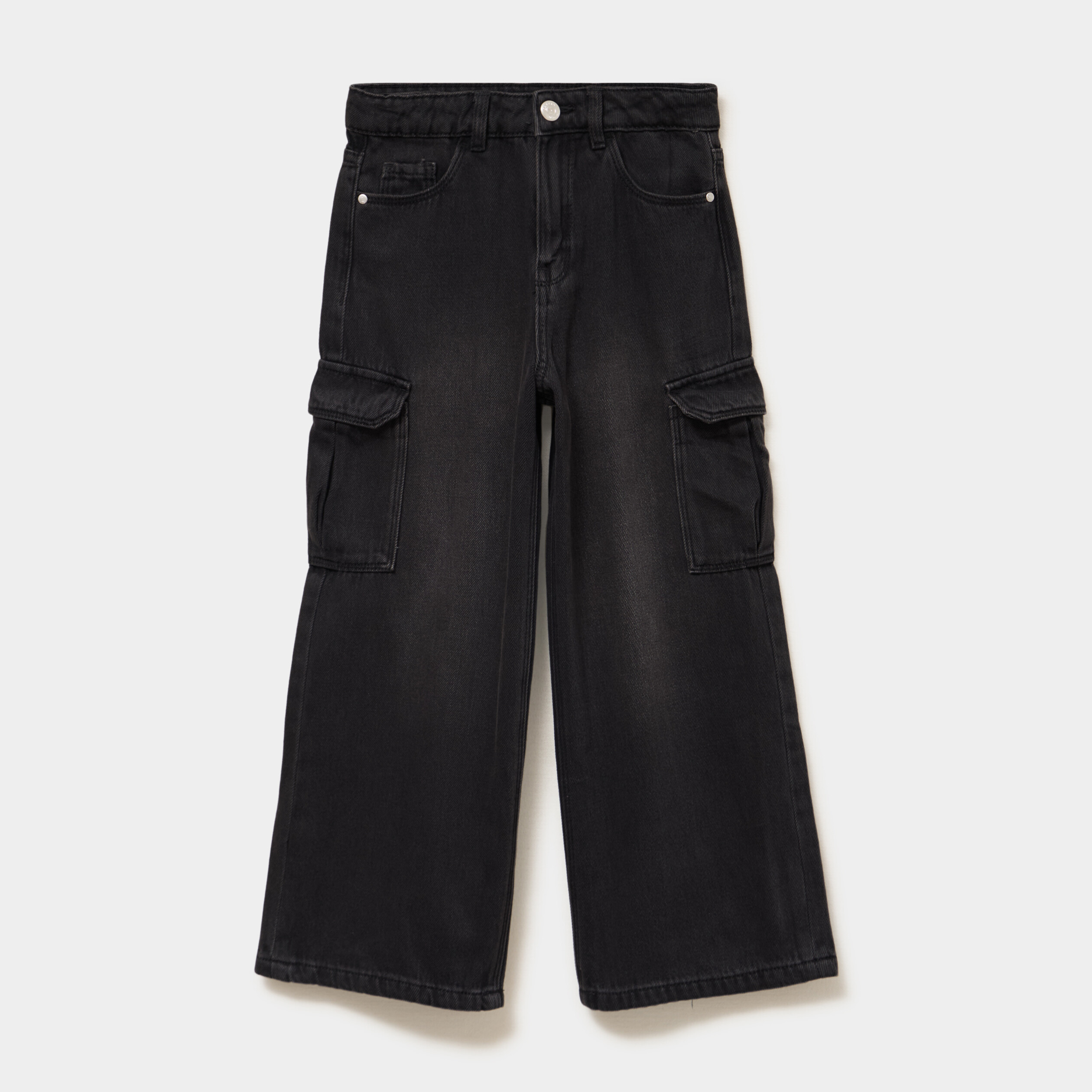 Jean large cargo poches &agrave; rabat coton denim noir fille