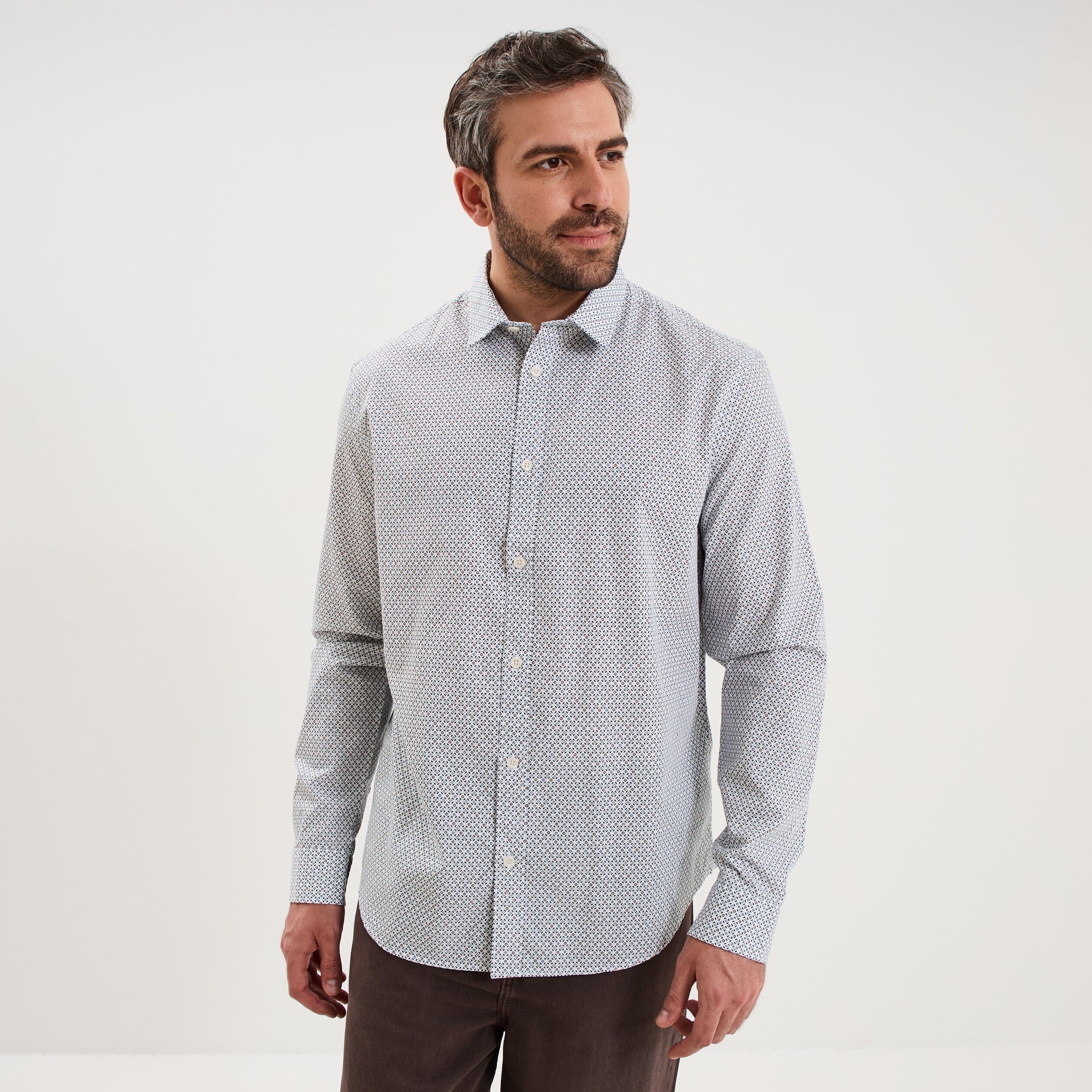 Chemise droite imprim&eacute;e manches longues beige homme