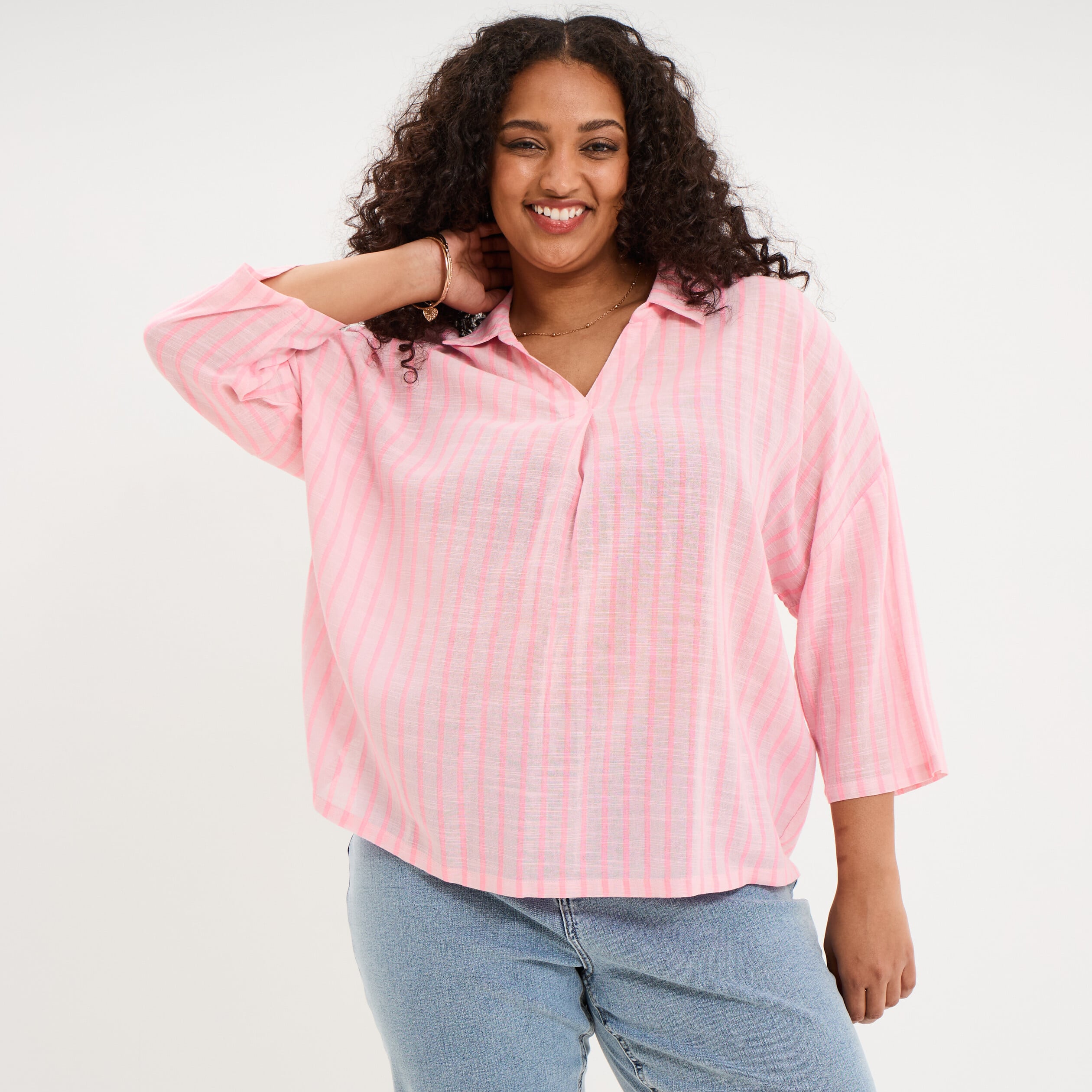 Blouse oversize manches 3/4 coton rose femme grande taille