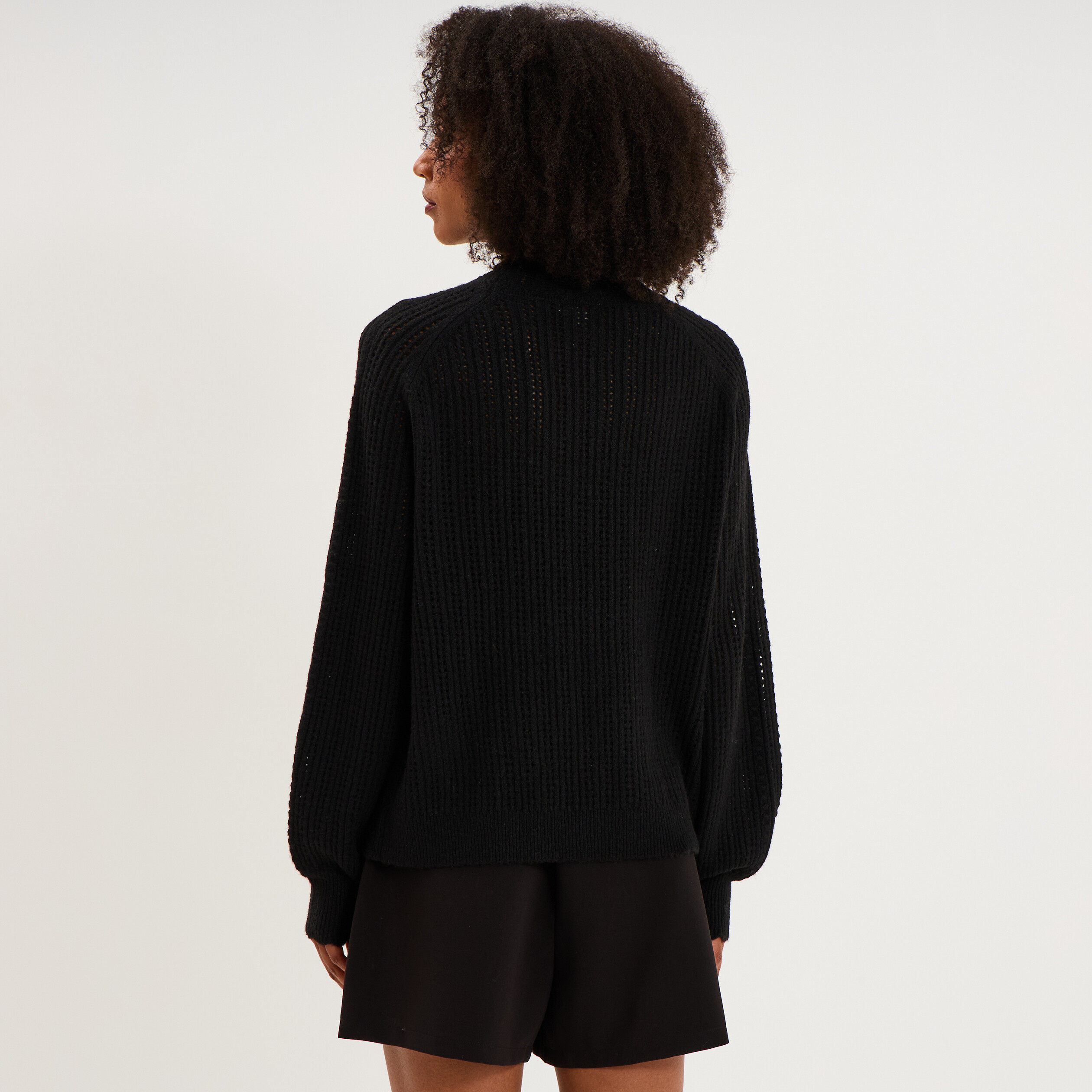 Pull col montant textur&eacute; manches longues noir femme