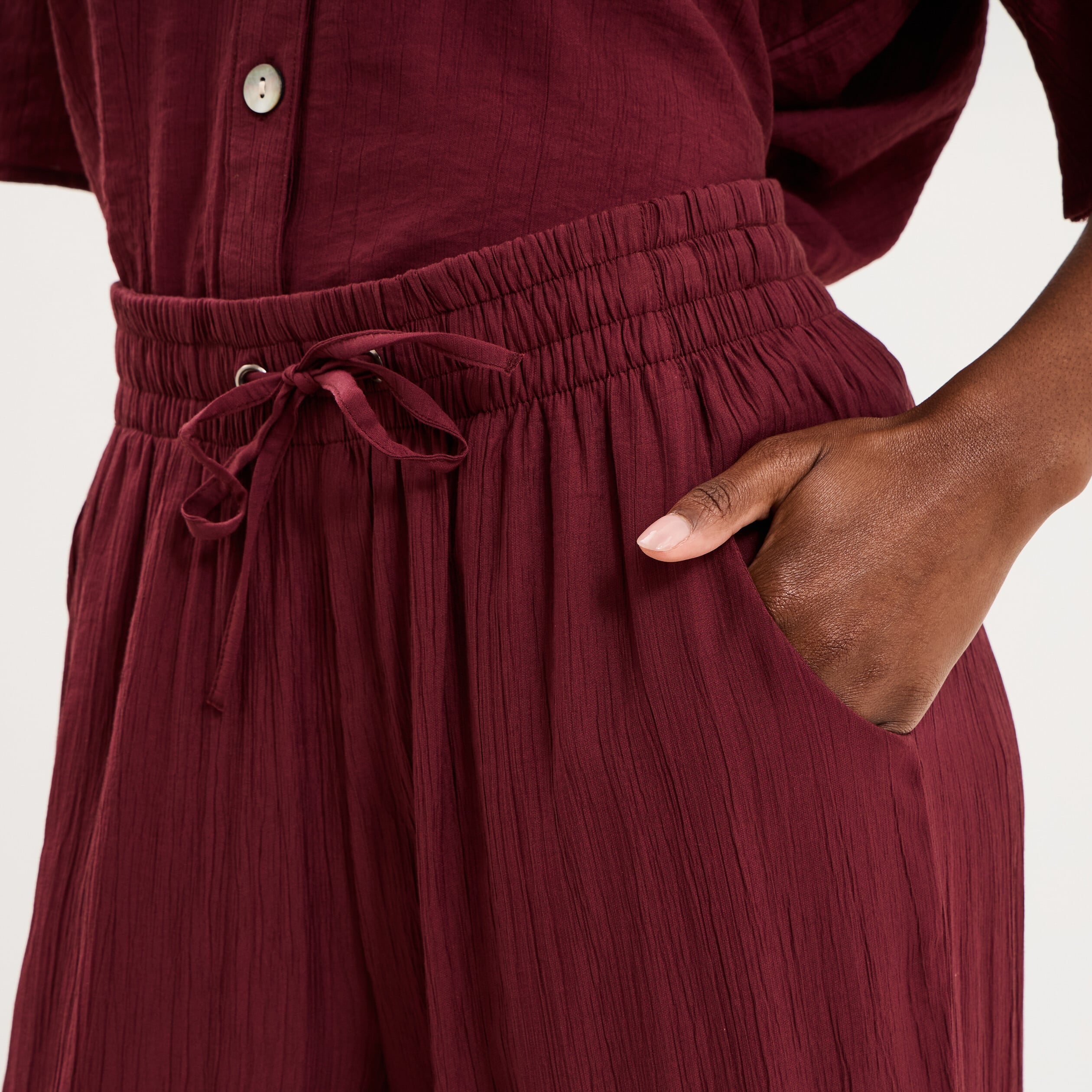 Pantalon large fluide taille &eacute;lastiqu&eacute;e bordeaux femme