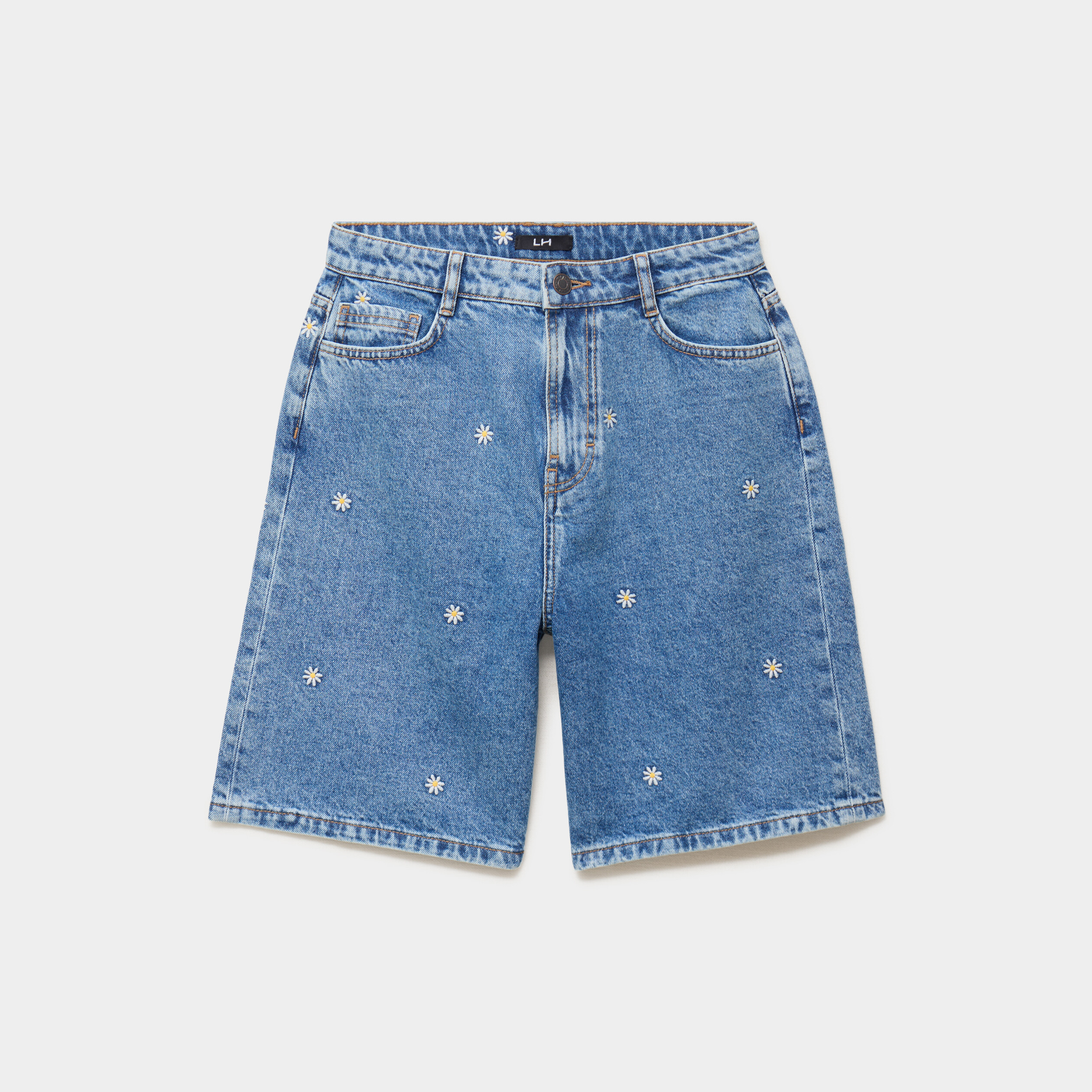 Short bermuda en jean large brod&eacute; denim double stone femme