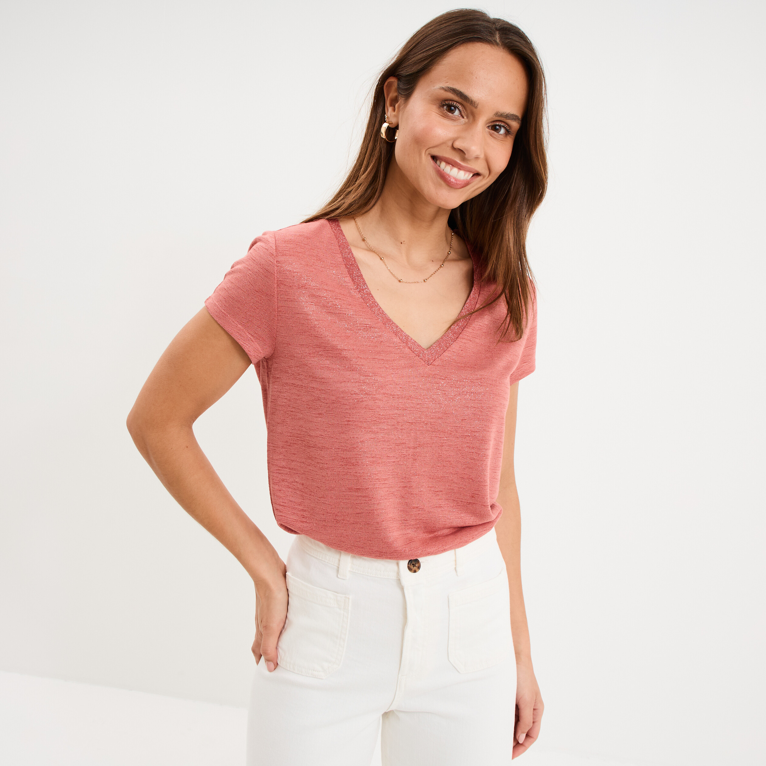 T-shirt col en V manches courtes terracotta femme