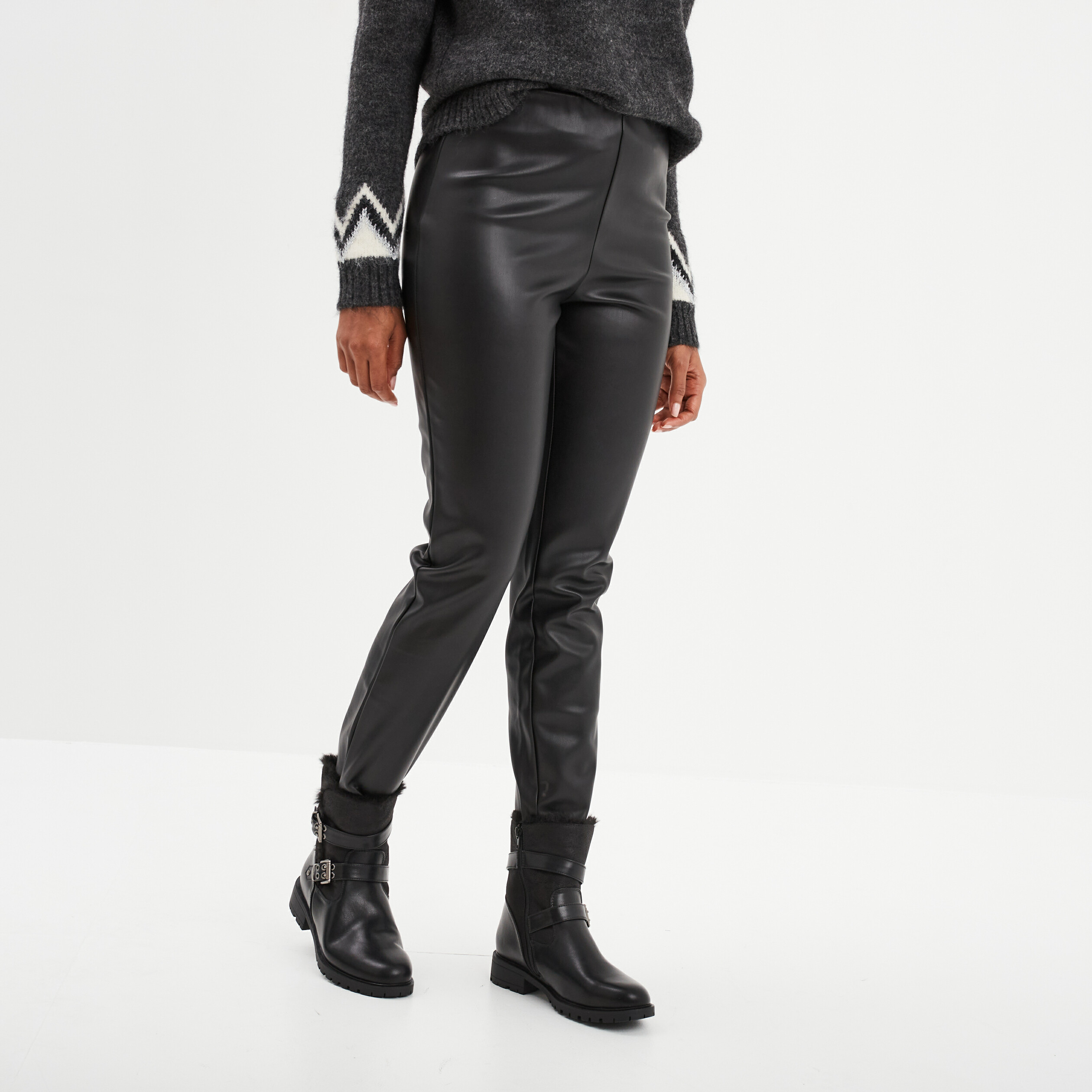 Legging simili cuir taille élastiquée noir femme