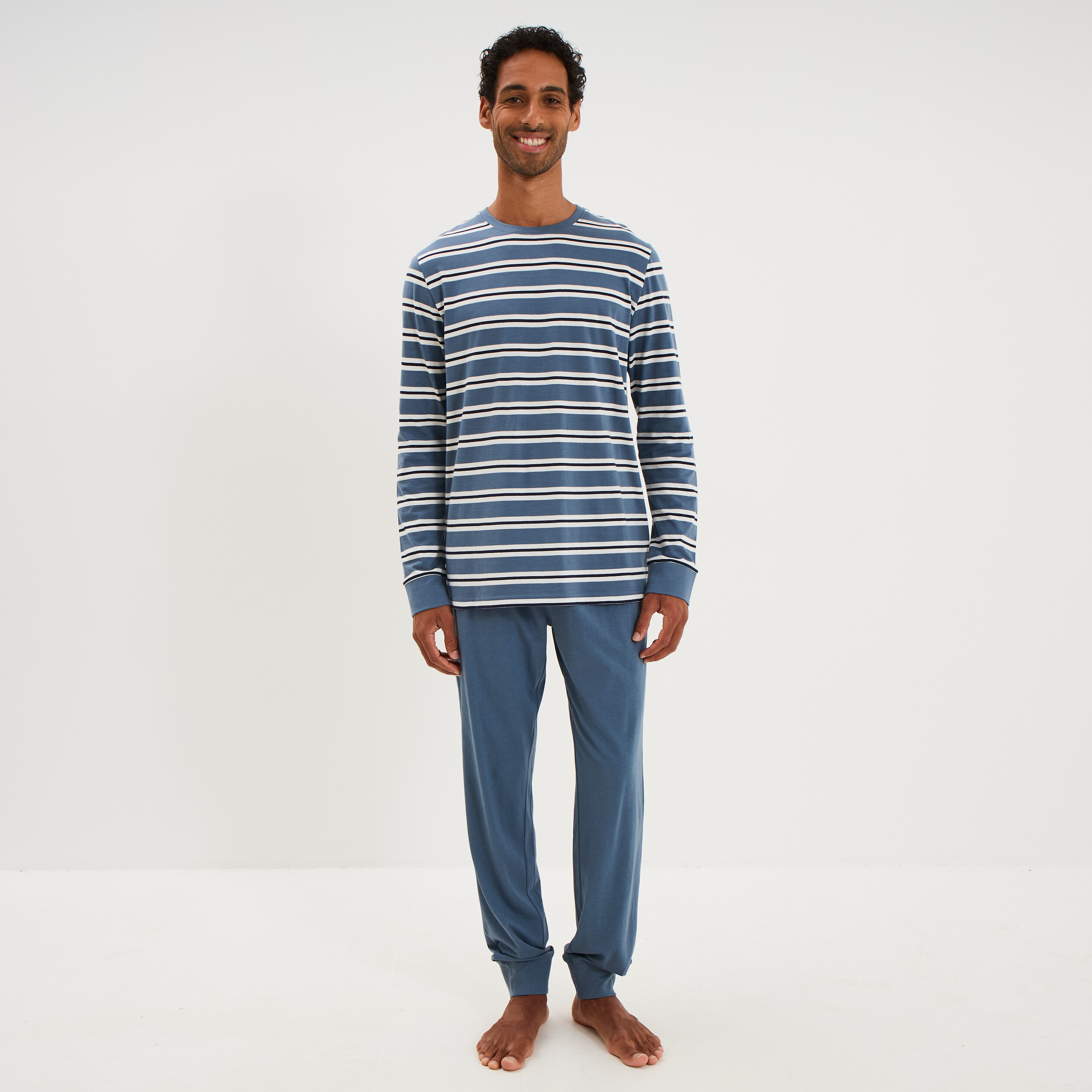 Ensemble pyjama pantalon t-shirt coton bleu fonc&eacute; homme