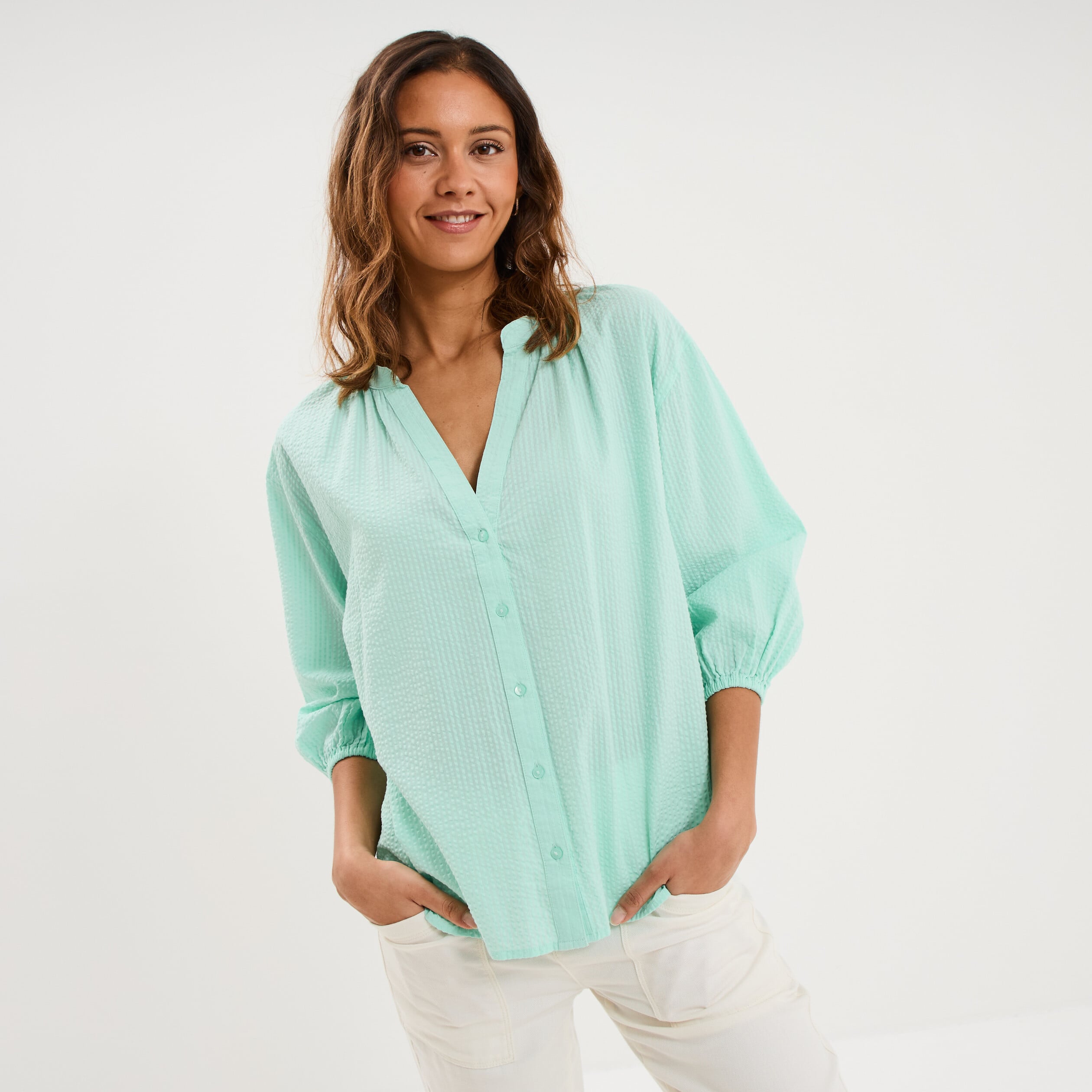Blouse col tunisien manches 3/4 coton vert clair femme