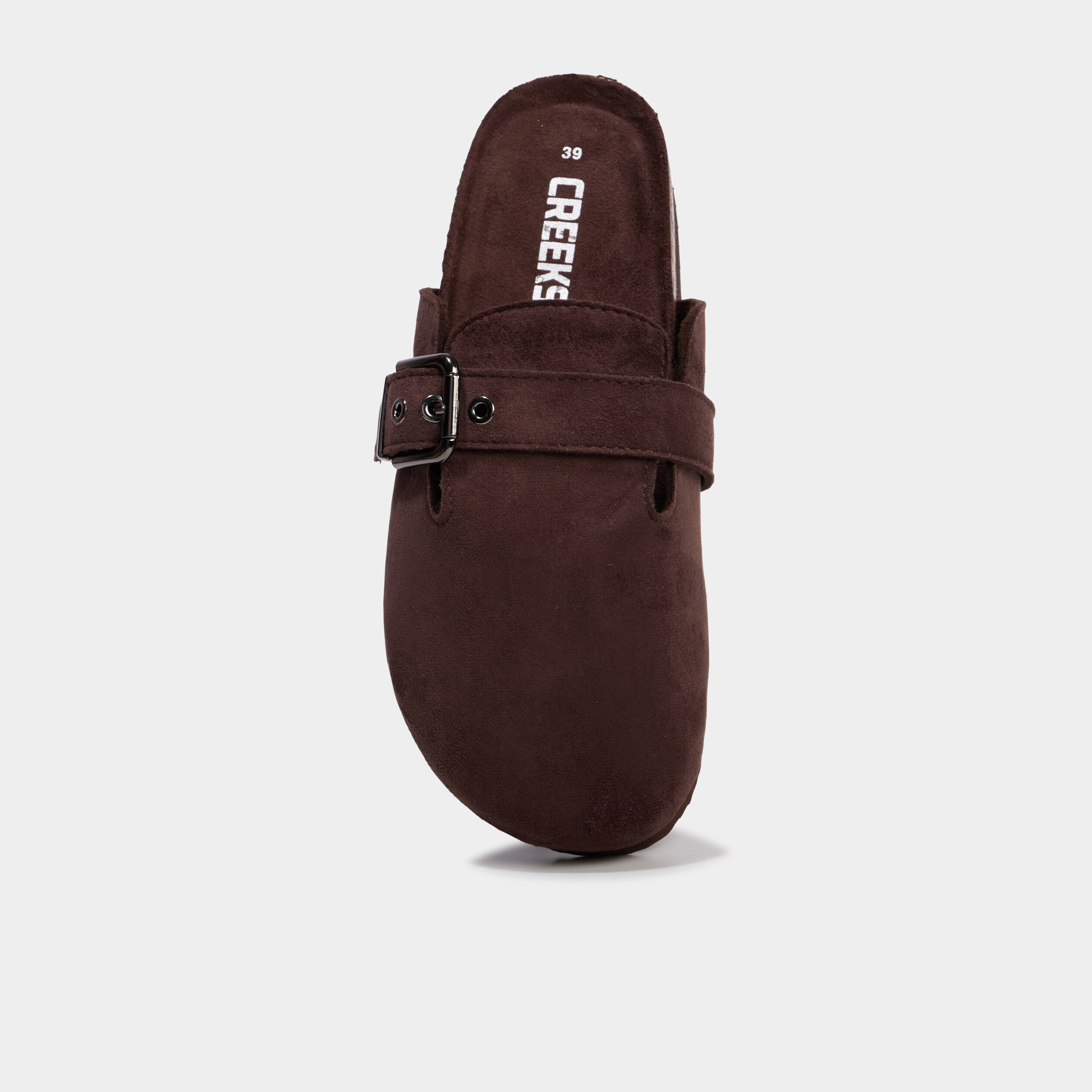 Mules su&eacute;dine avec boucles marron fonc&eacute; femme