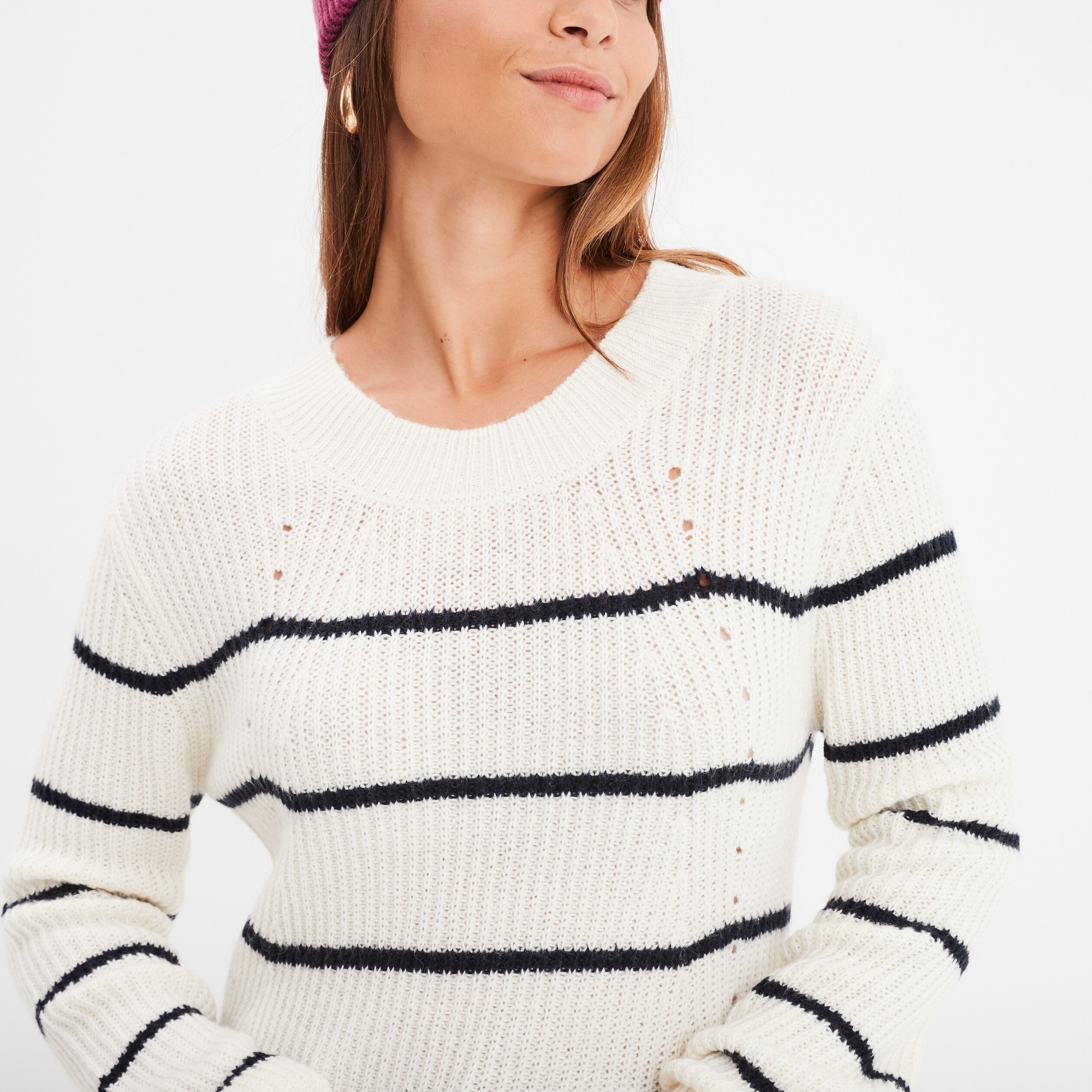 Pull col rond manches longues Creeks ecru femme