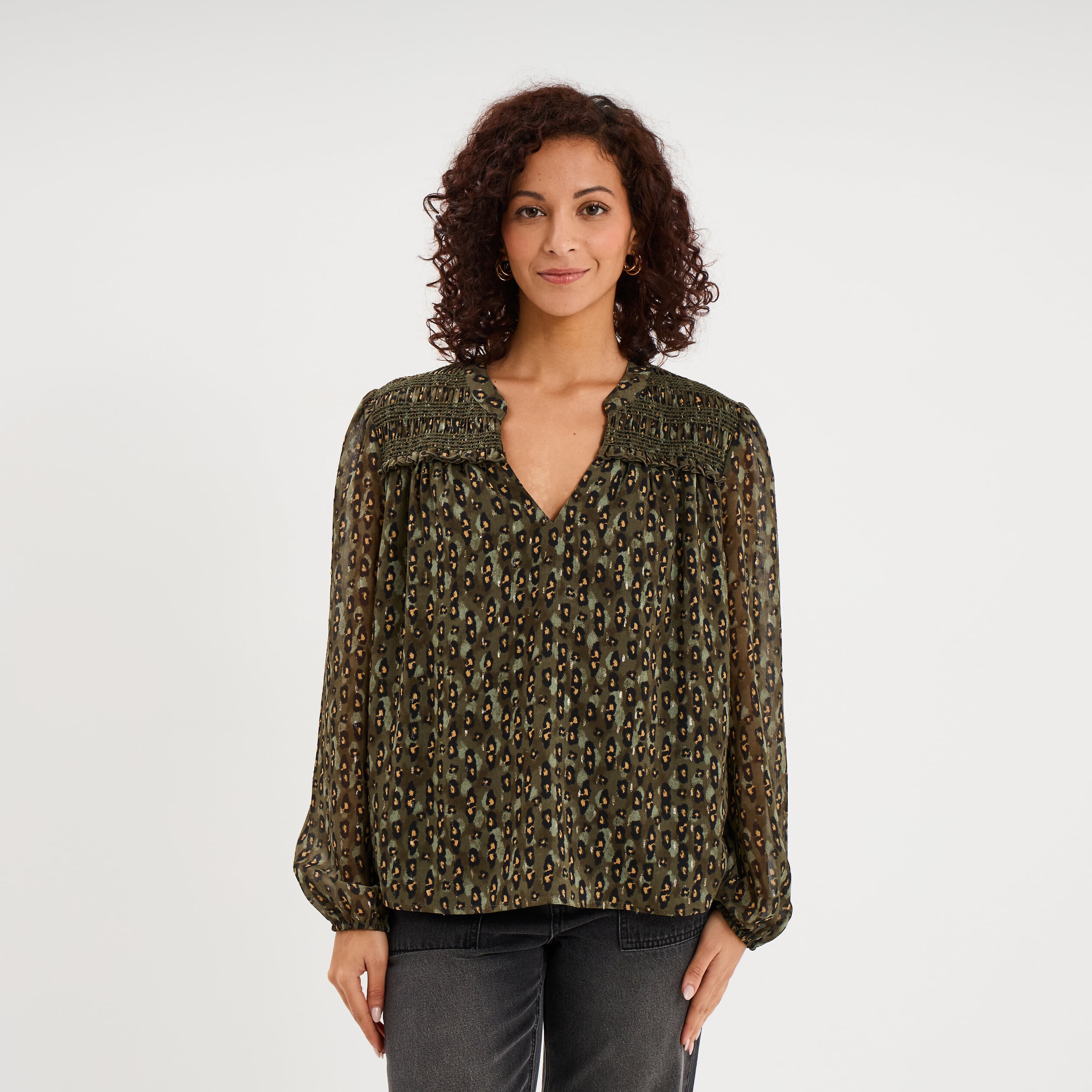 Blouse col tunisien manches longues vert kaki femme