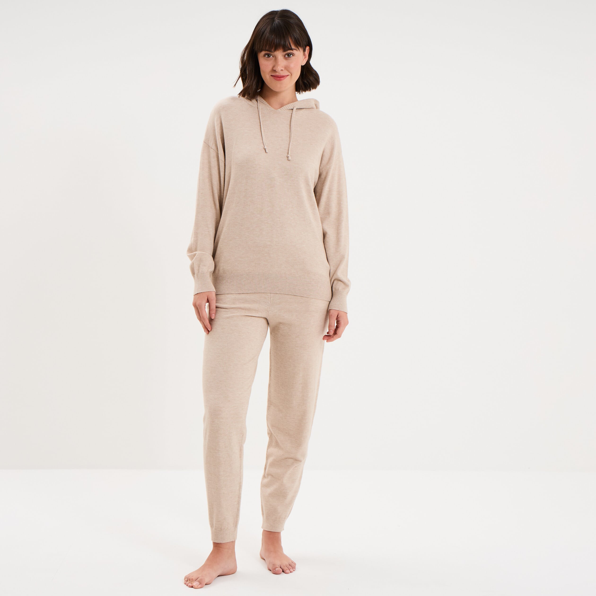 Haut de pyjama hoodie manches longues beige femme