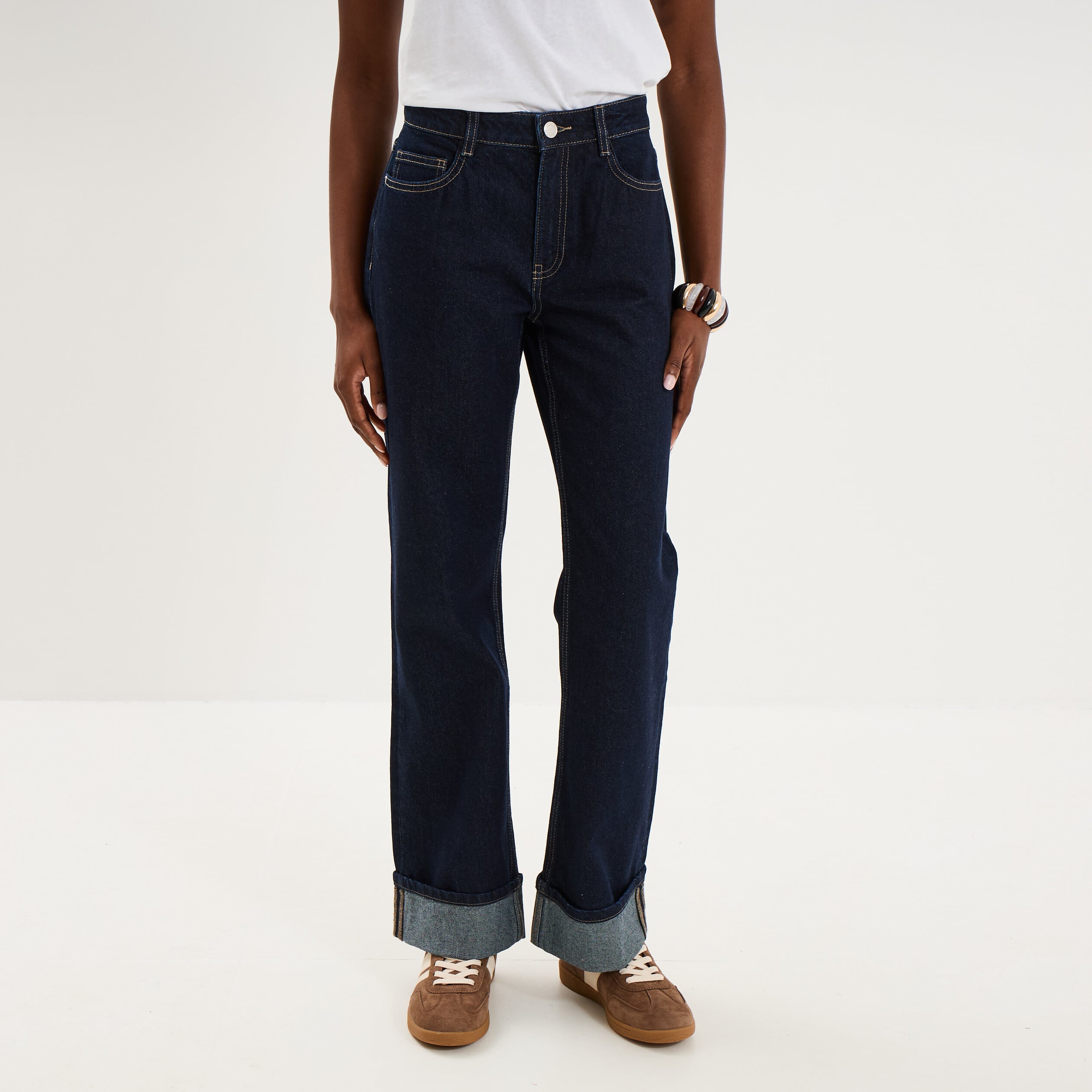 Jean droit bord revers 7/8&egrave;me denim brut femme