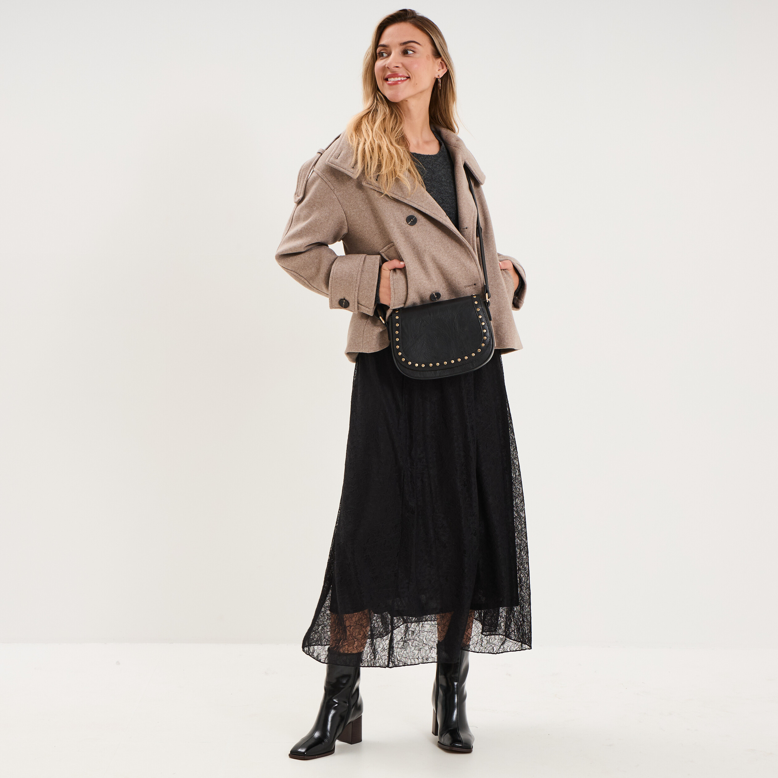 Jupe longue dentelle &eacute;vas&eacute;e noir femme
